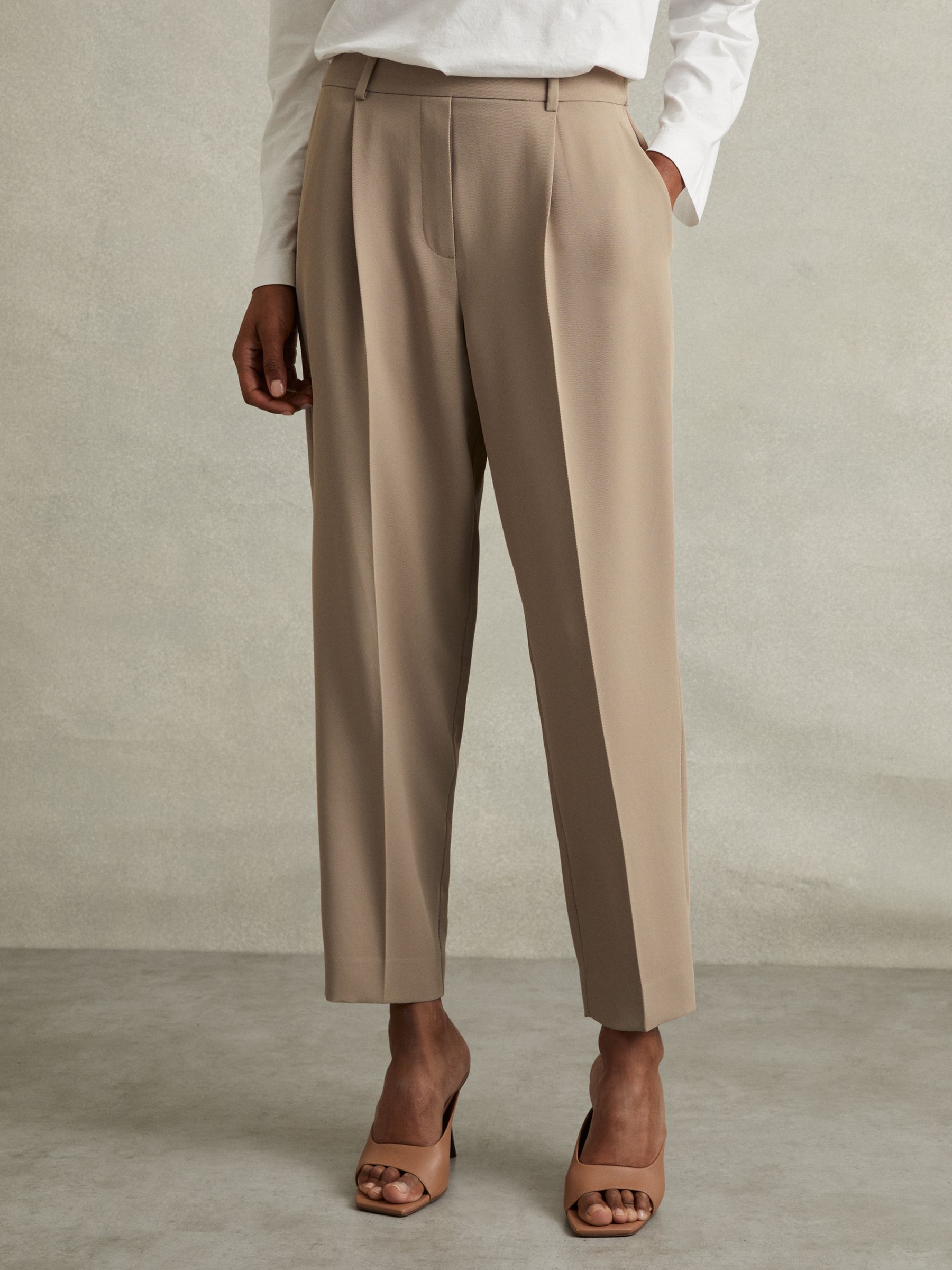 Petite Front Pleat Tapered Trousers in Mink Neutral - Image 1 of 6
