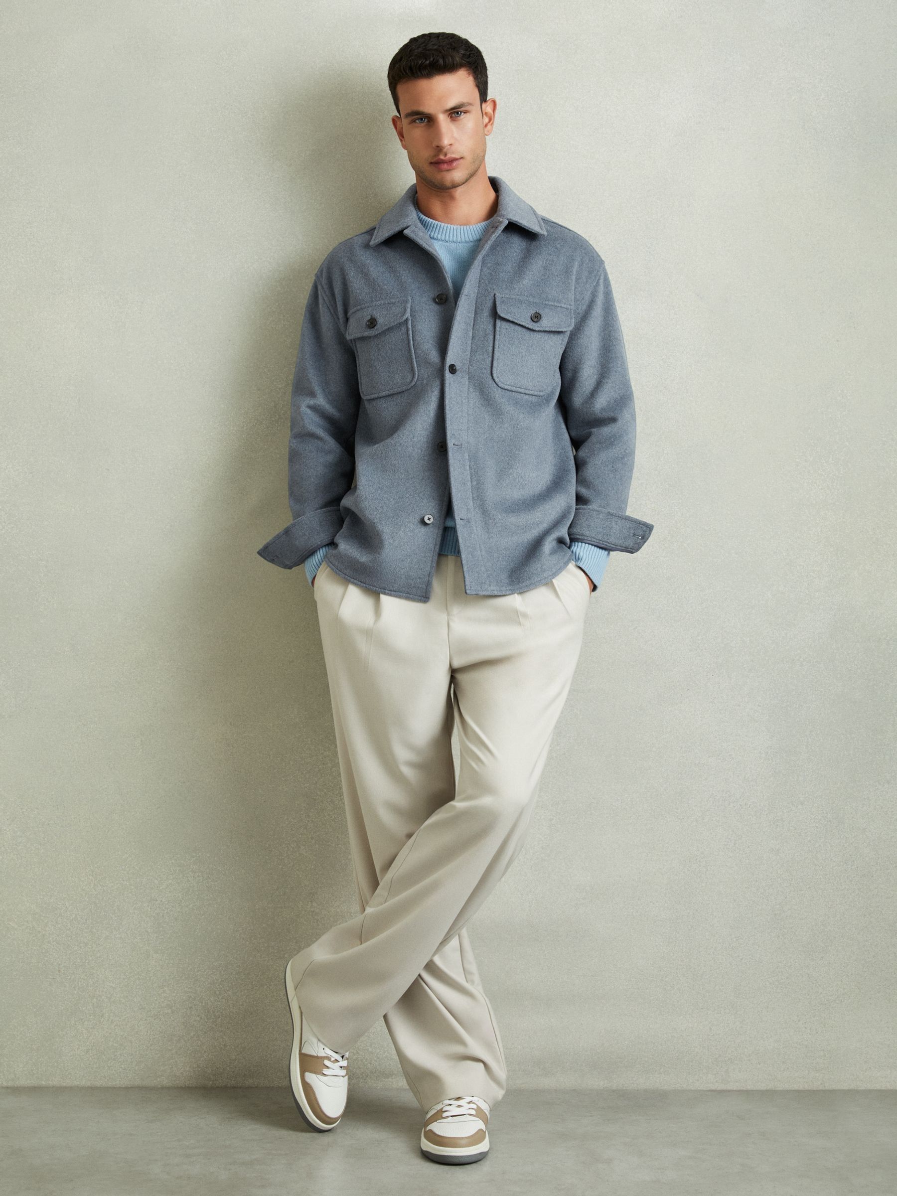 Wool-Blend Melton Overshirt in Airforce Blue - Image 3 of 6