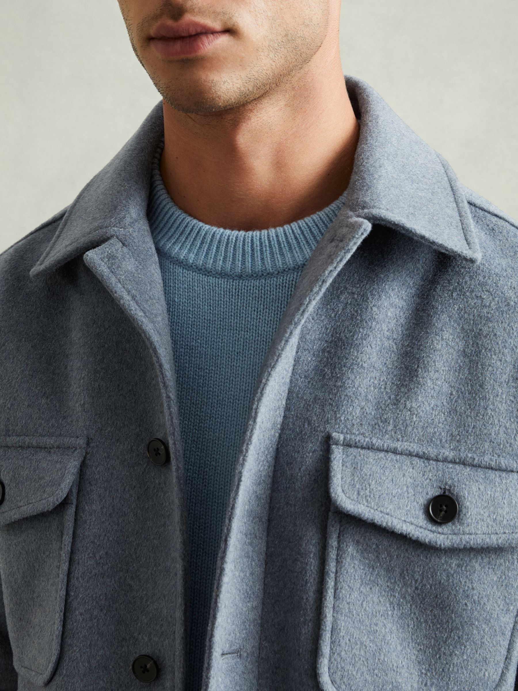 Wool-Blend Melton Overshirt in Airforce Blue - Image 4 of 6