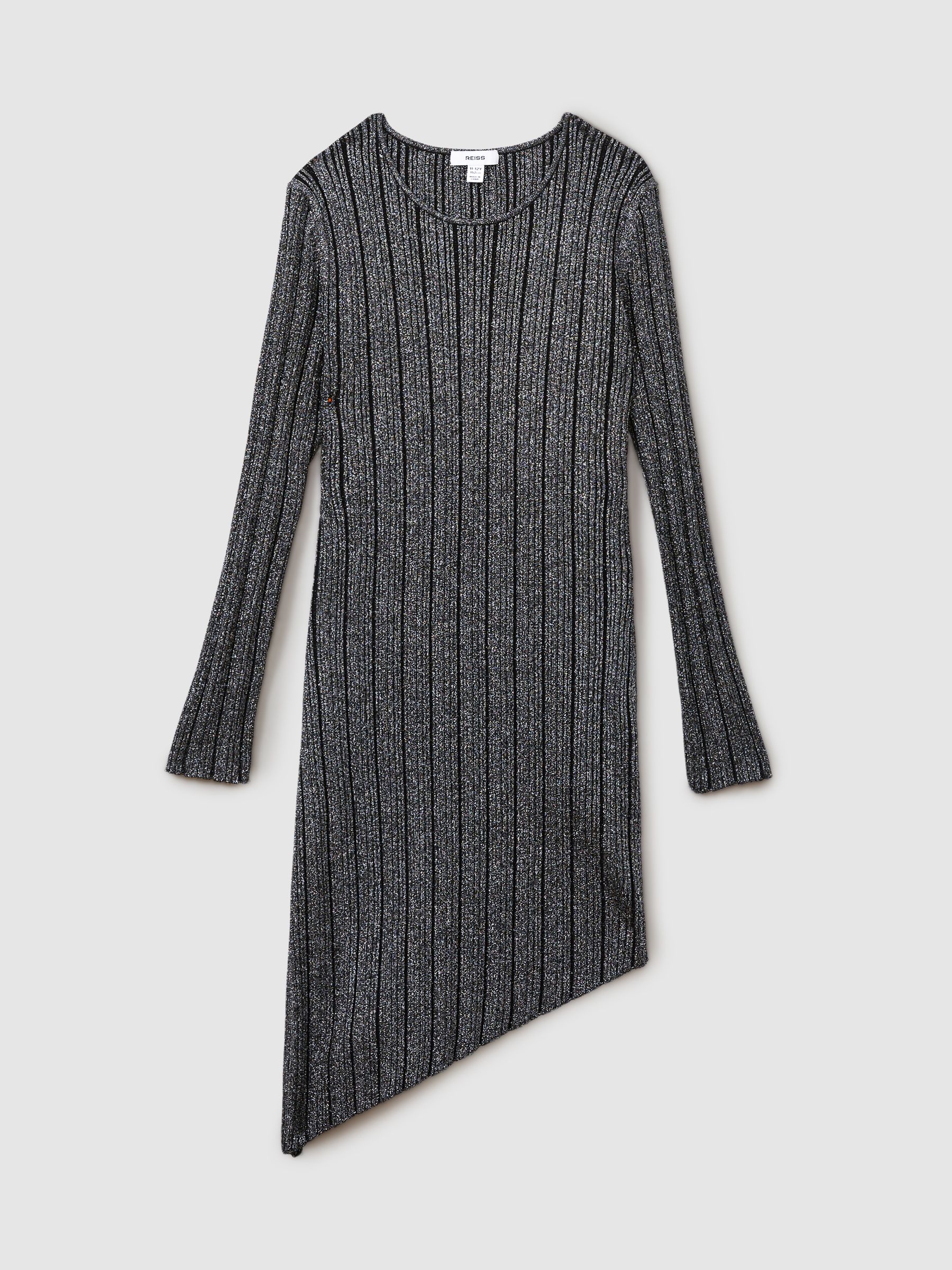 9-13 yrs Metallic Ribbed Asymmetric Dress in Black - Image 2 of 4