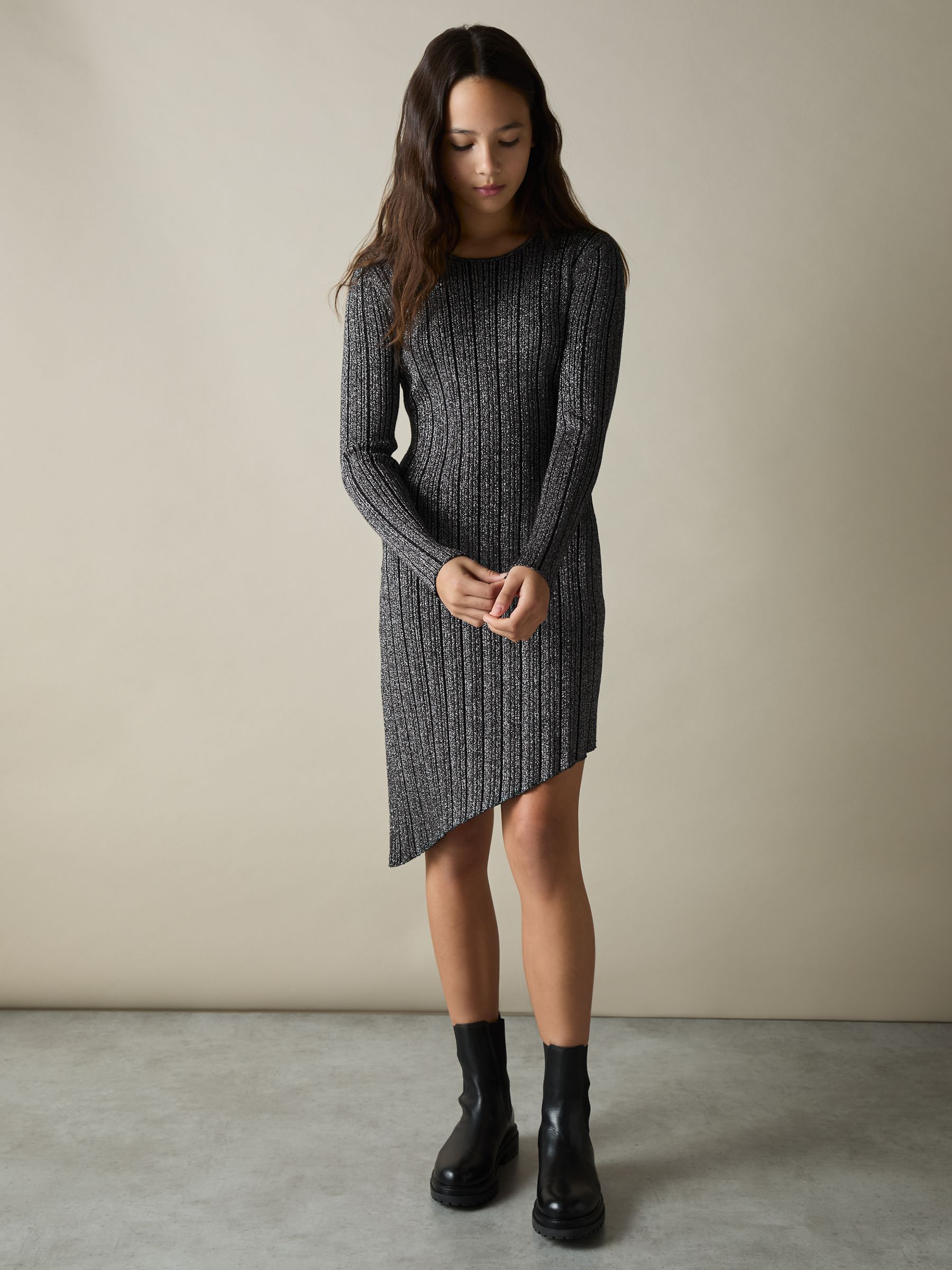 9-13 yrs Metallic Ribbed Asymmetric Dress in Black - Image 3 of 4