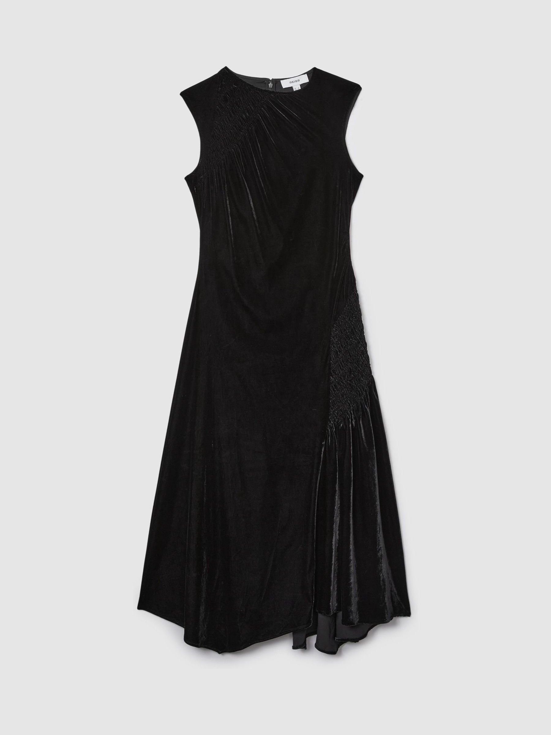 Velvet Shirred Panel Midi Dress in Black - Image 2 of 5