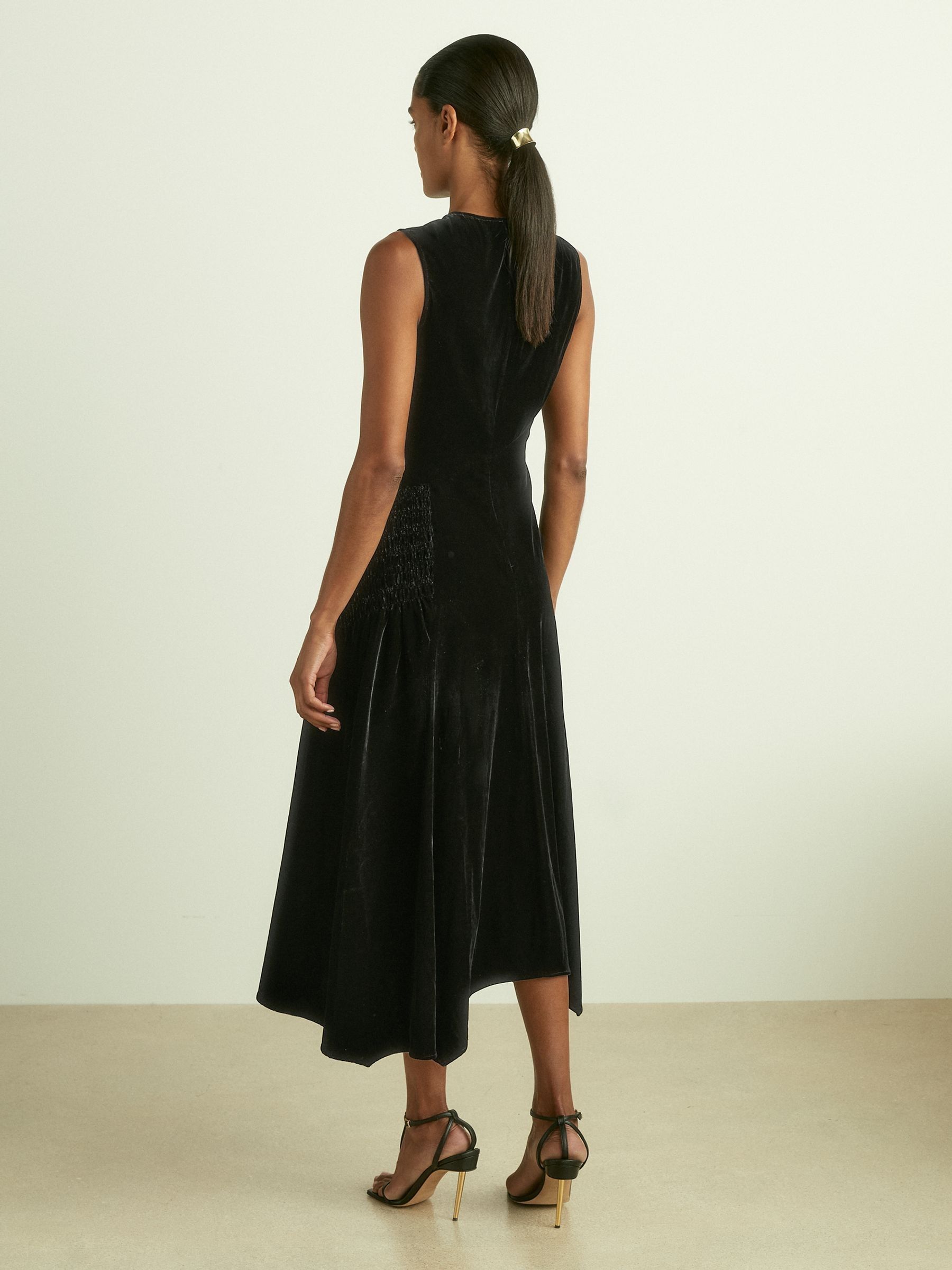 Velvet Shirred Panel Midi Dress in Black - Image 4 of 5