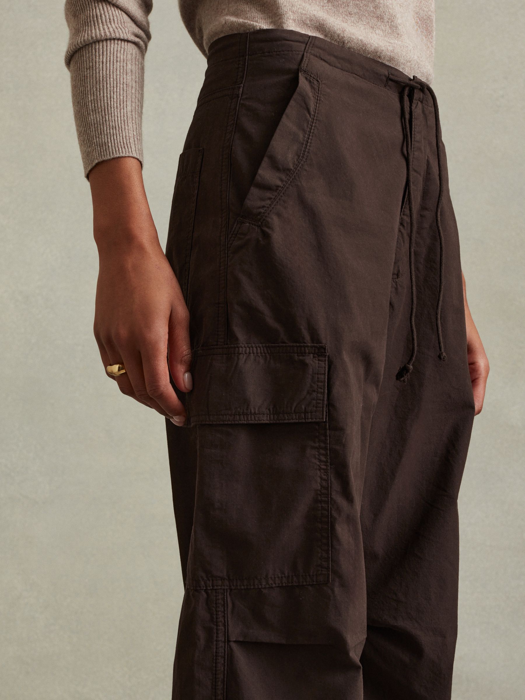 Tapered Drawstring Cotton Combat Trousers in Chocolate - Image 3 of 6