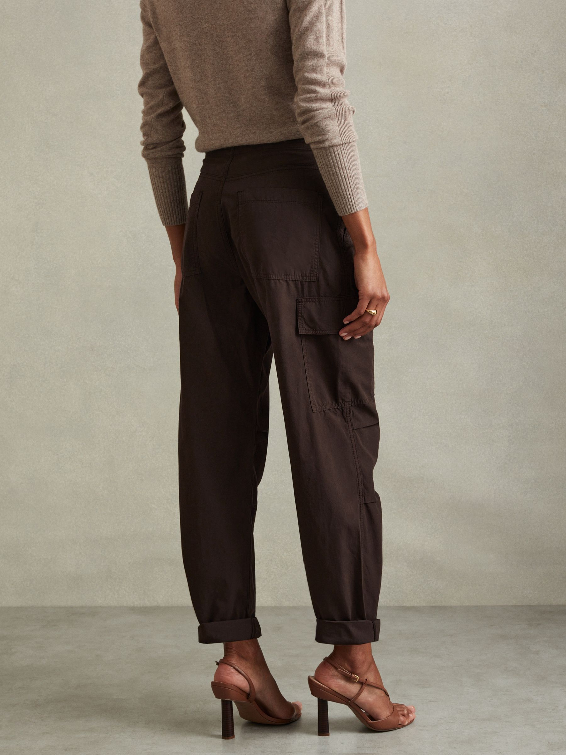 Tapered Drawstring Cotton Combat Trousers in Chocolate - Image 5 of 6