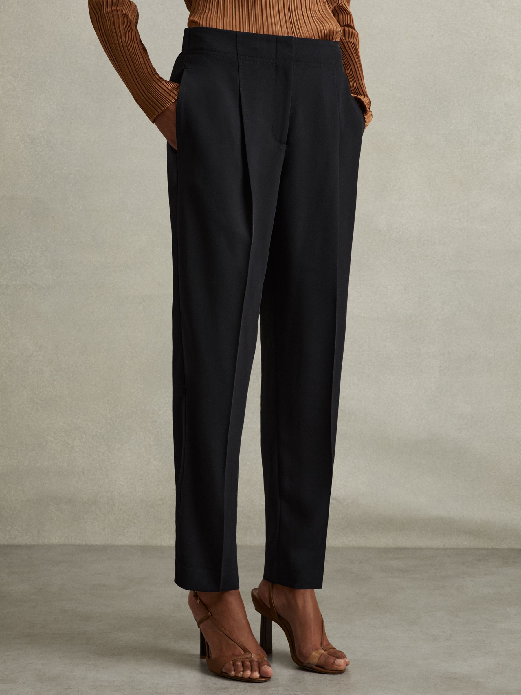 Petite Front Pleat Tapered Trousers in Navy - Image 1 of 7