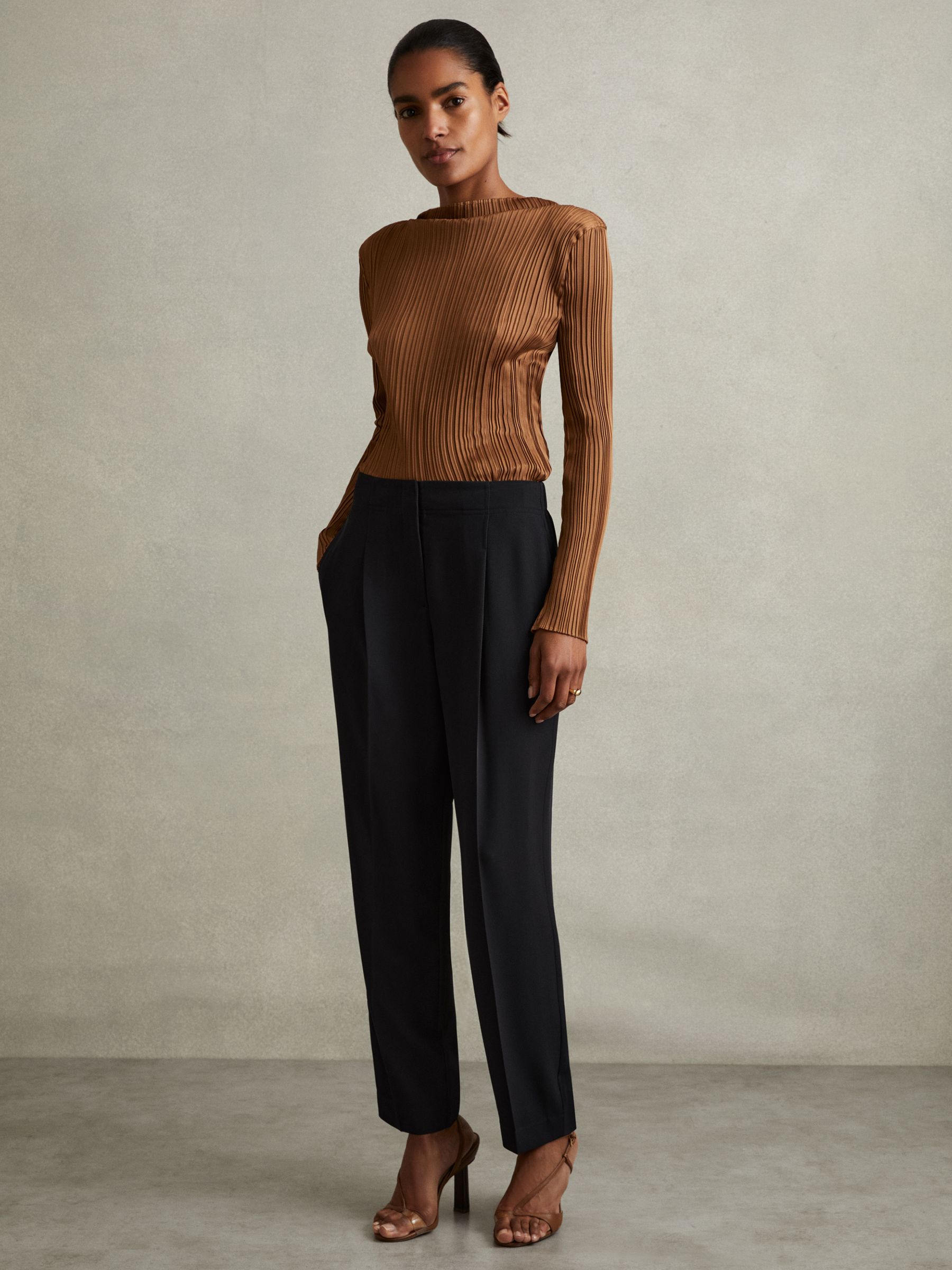 Petite Front Pleat Tapered Trousers in Navy - Image 3 of 7