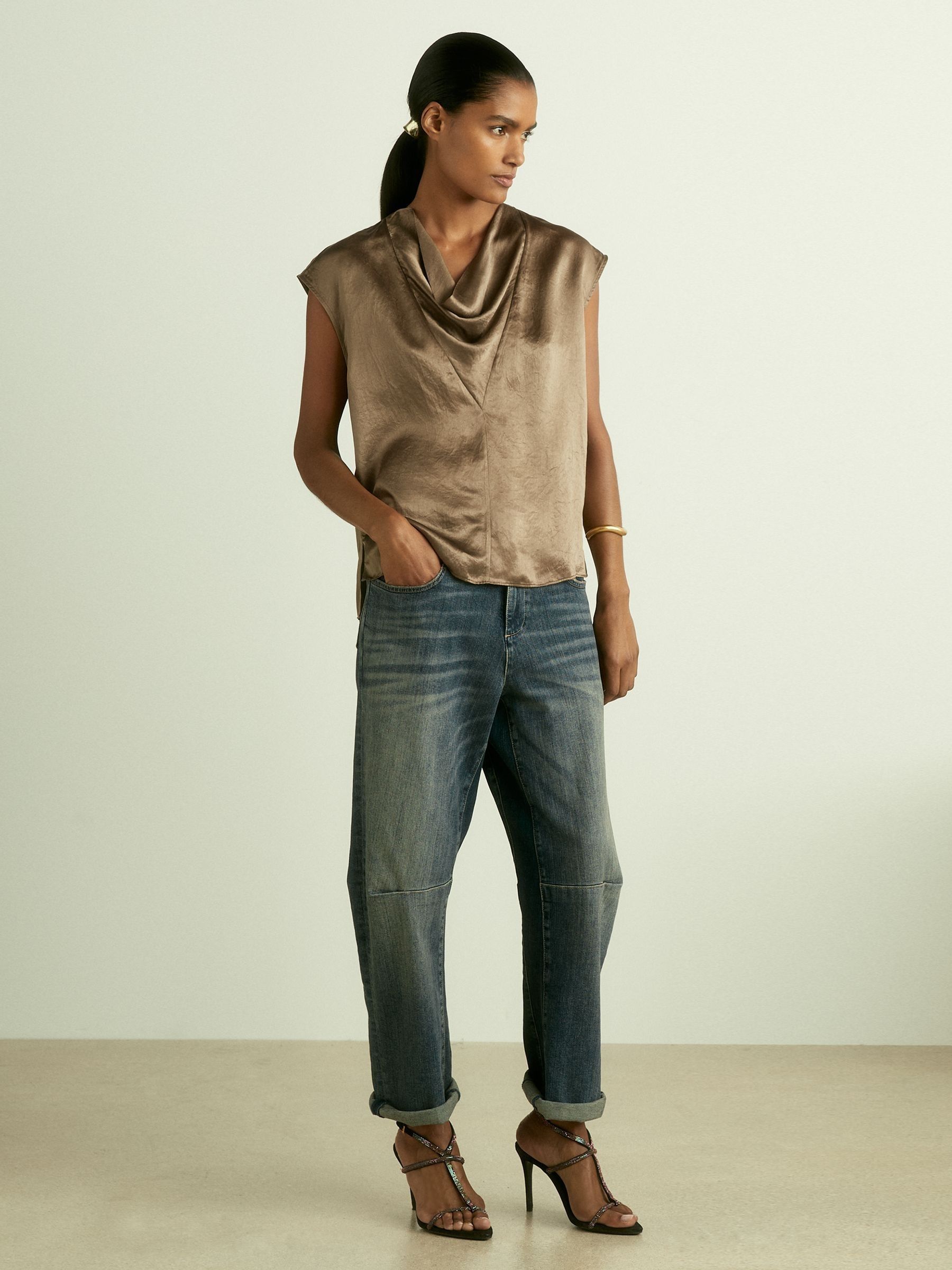 Satin Cowl-Neck Top in Khaki - Image 3 of 6