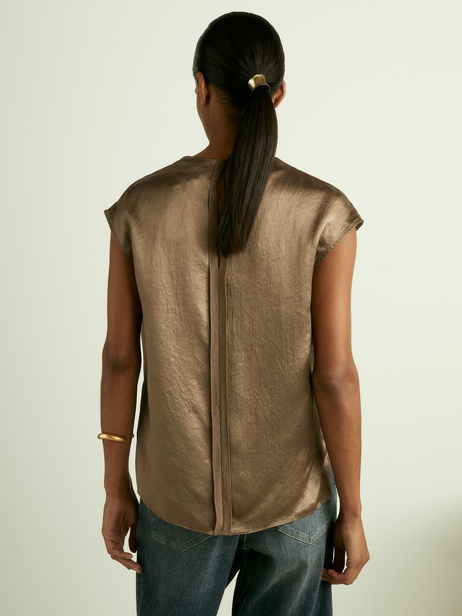 Satin Cowl-Neck Top in Khaki - Image 4 of 6