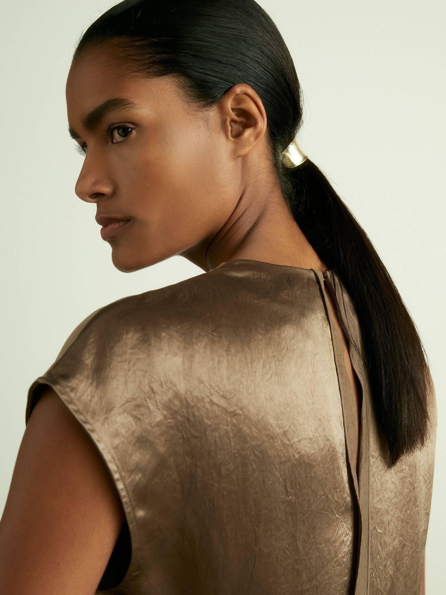 Satin Cowl-Neck Top in Khaki - Image 5 of 6