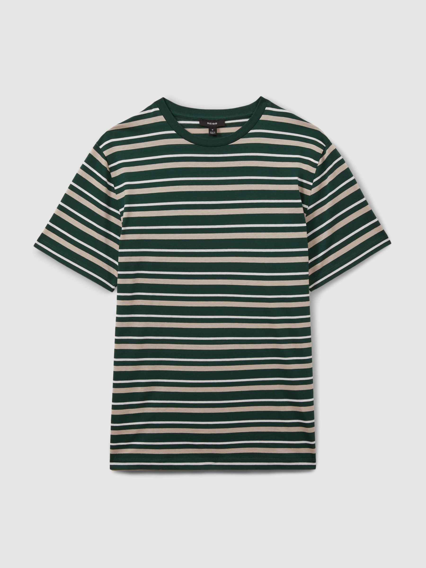 Mercerised Cotton Striped Crew Neck T-Shirt in Fir Green/Silverbirch - Image 2 of 5