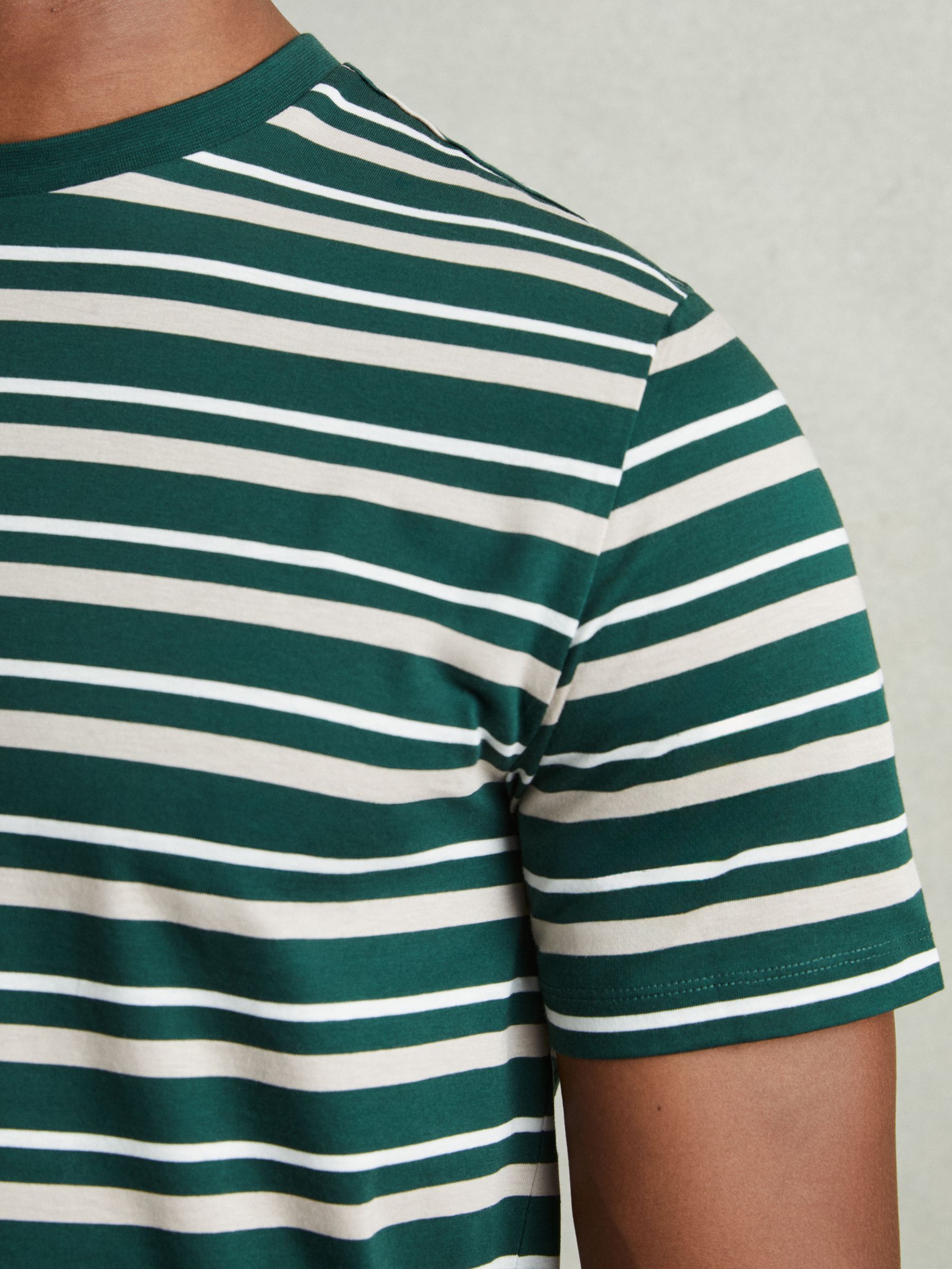 Mercerised Cotton Striped Crew Neck T-Shirt in Fir Green/Silverbirch - Image 3 of 5