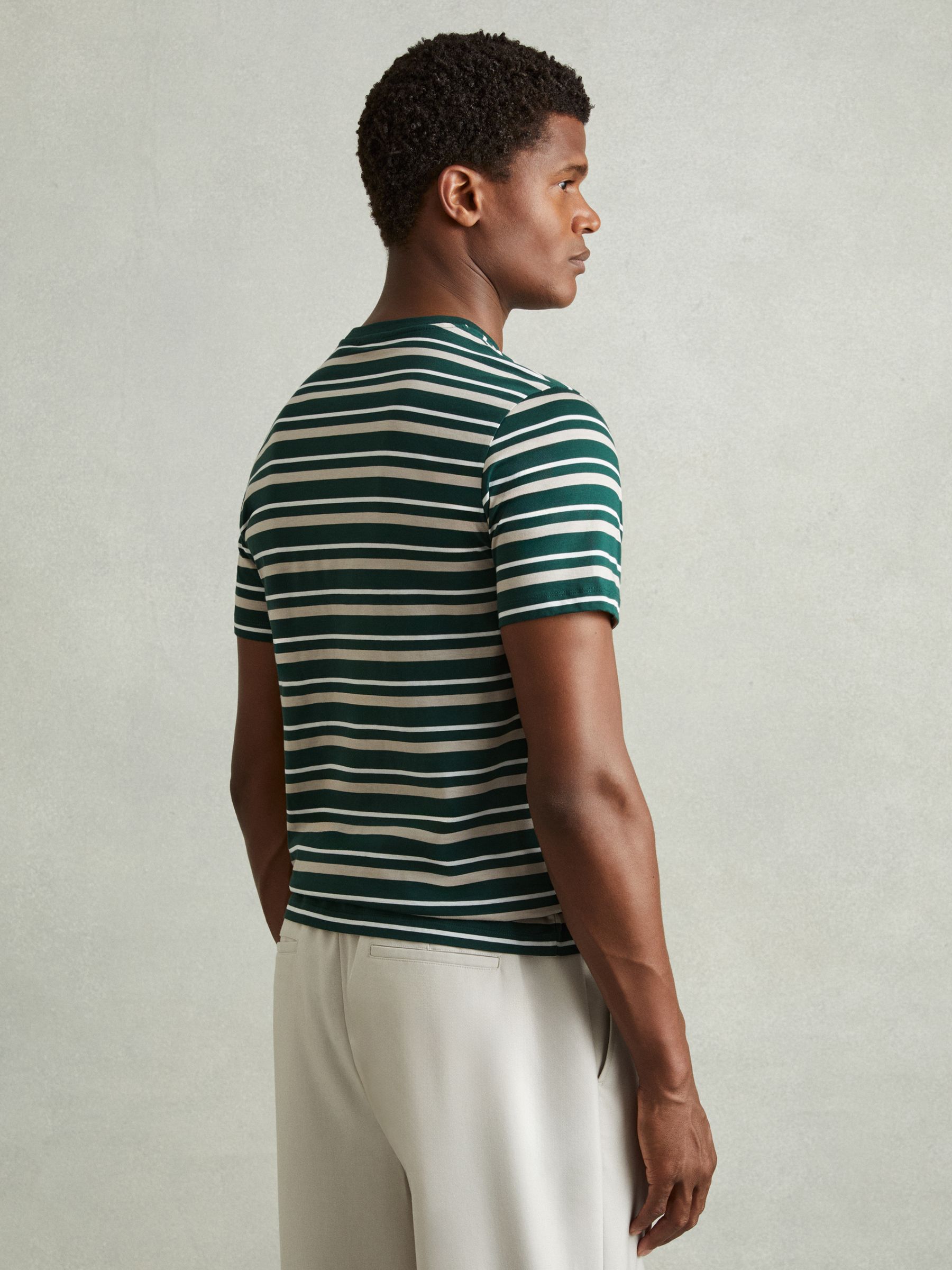 Mercerised Cotton Striped Crew Neck T-Shirt in Fir Green/Silverbirch - Image 4 of 5