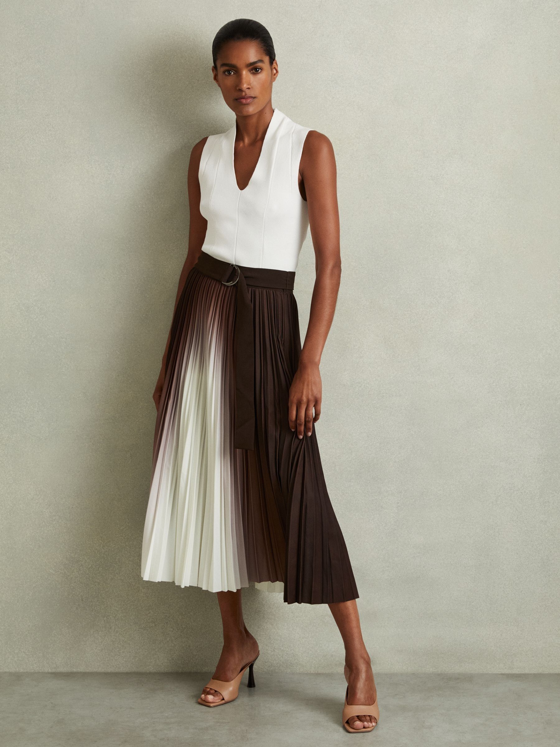 Pleated Crepe Ombré Midi Skirt in Chocolate - Image 1 of 6