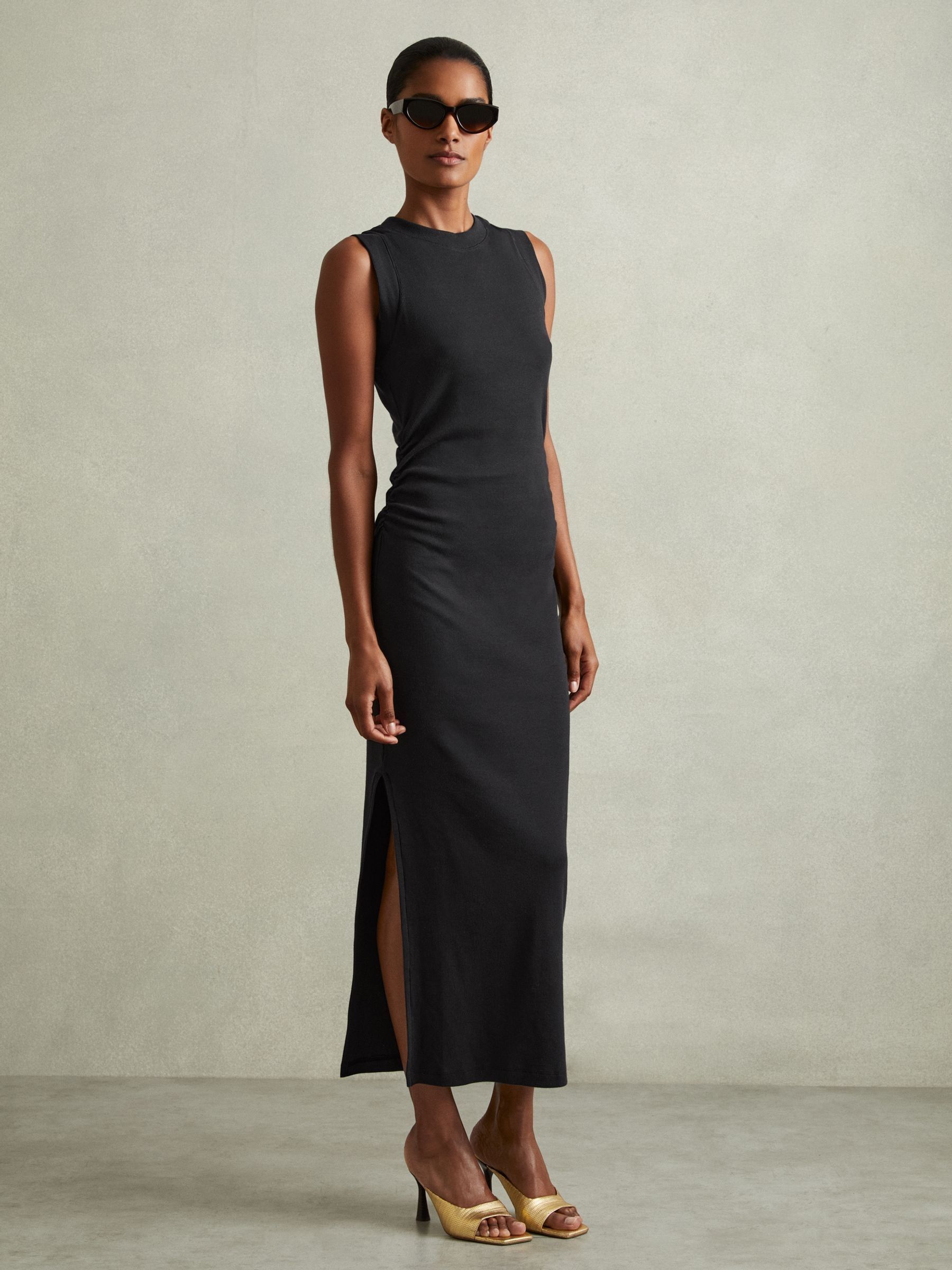 Ribbed Ruched Jersey Midi Dress in Navy - Image 1 of 1