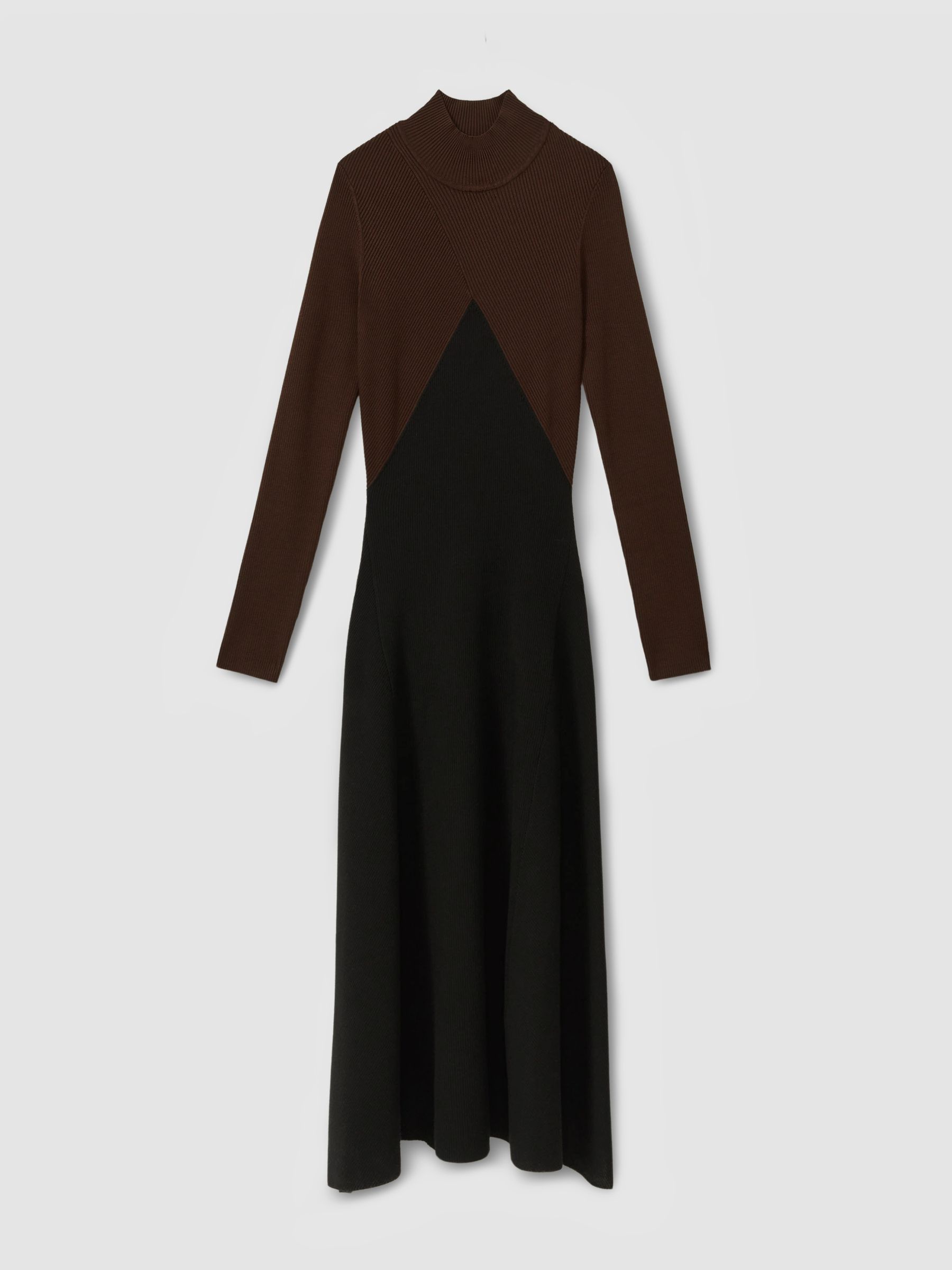Petite Colourblock Ribbed Midi Dress in Chocolate/Black - Image 2 of 6