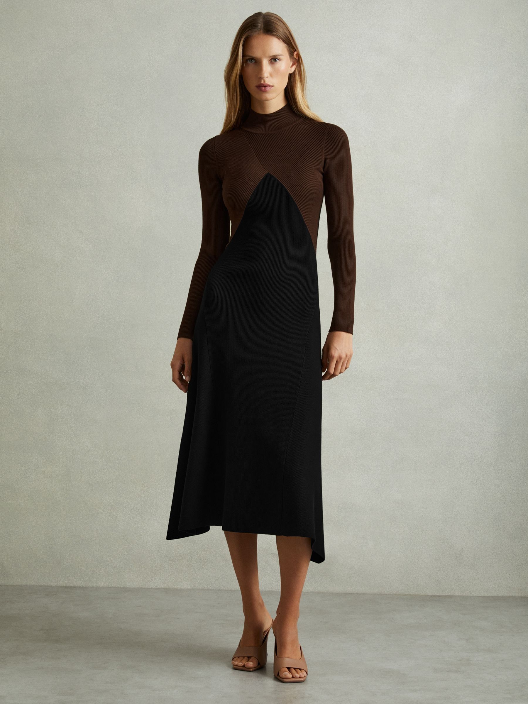 Petite Colourblock Ribbed Midi Dress in Chocolate/Black - Image 3 of 6