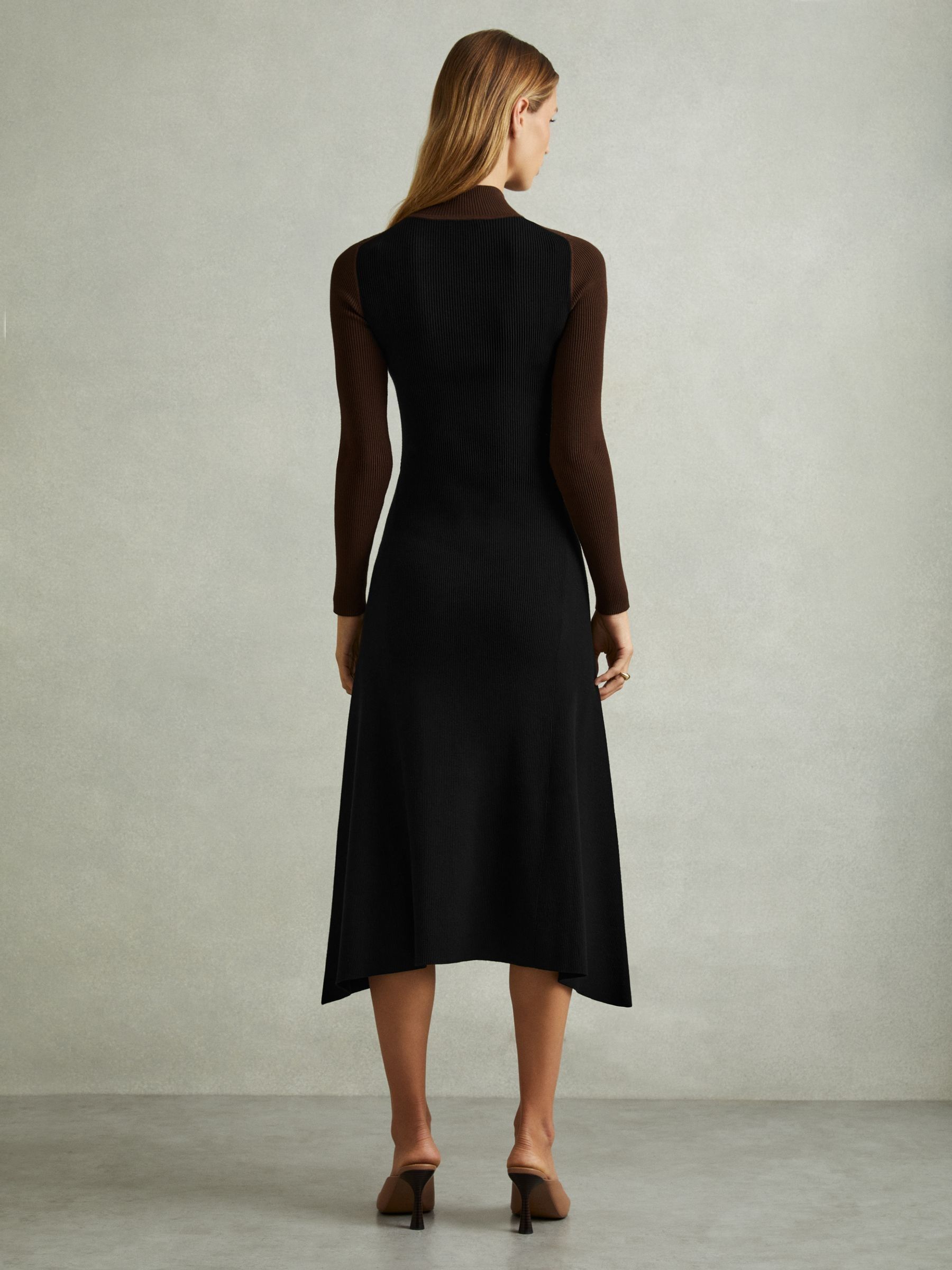 Petite Colourblock Ribbed Midi Dress in Chocolate/Black - Image 4 of 6