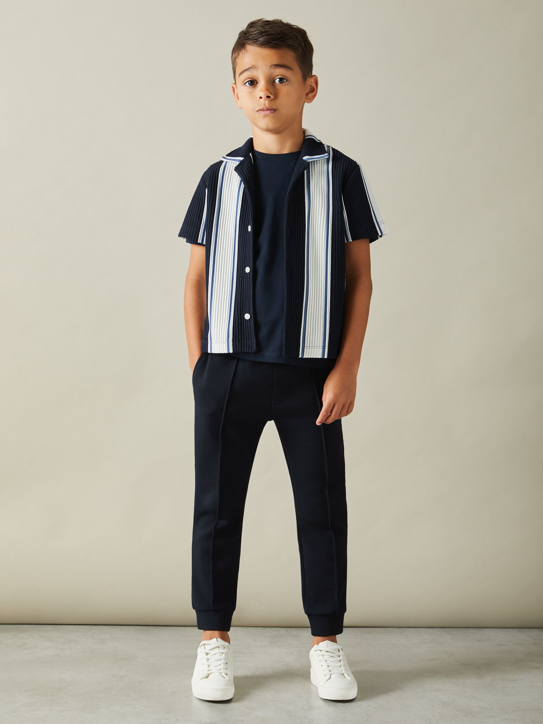 3-9 yrs Ribbed Cuban Collar Shirt in Navy/Off White/Airforce Blue - Image 1 of 4 3-9 yrs Ribbed Cuban Collar Shirt in Navy/Off White/Airforce Blue - Image 1 of 4