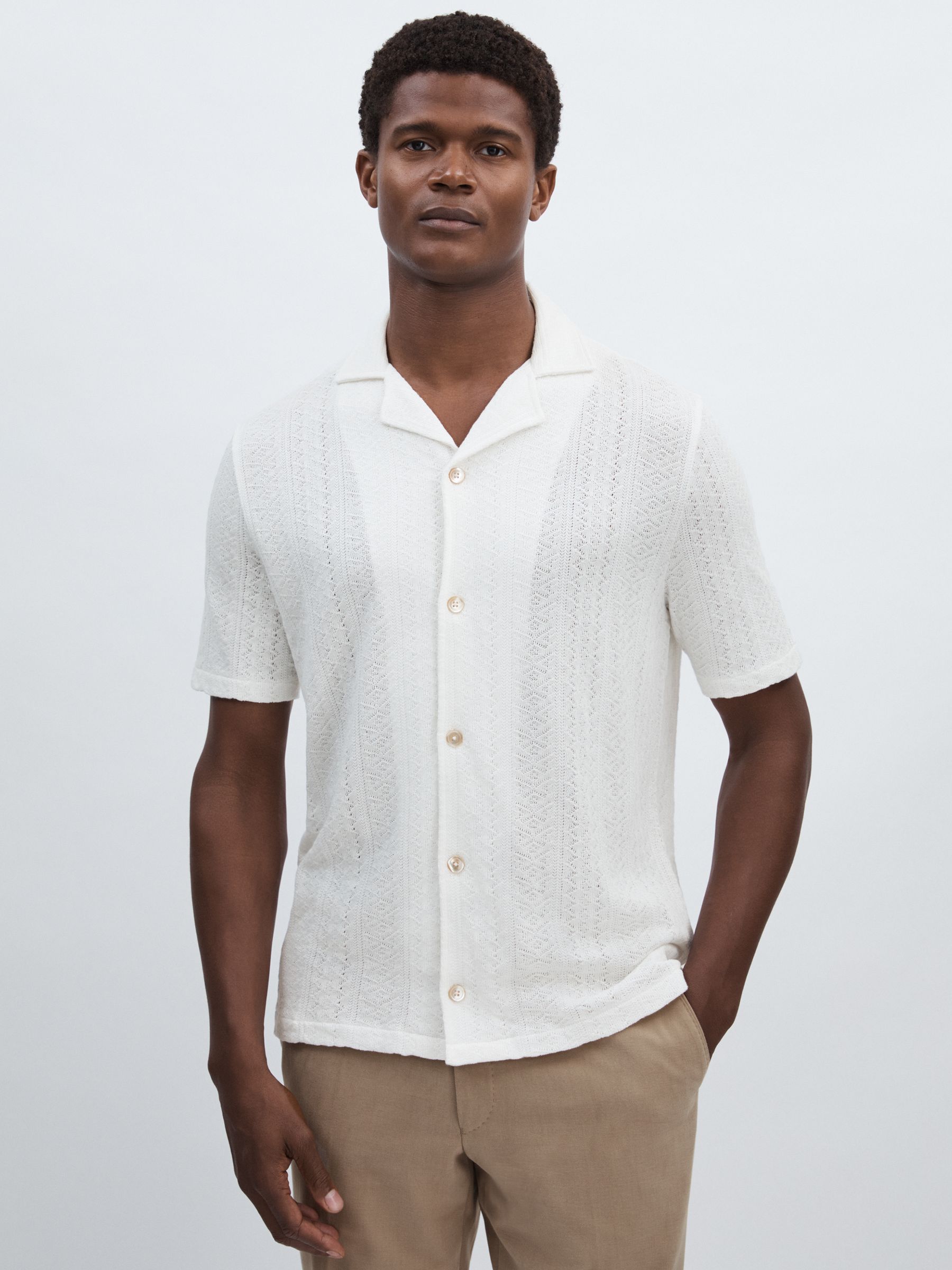 Mattis Snow White Oscar Jacobson Cotton Open-Knit Cuban Collar Shirt - Image 1 of 6