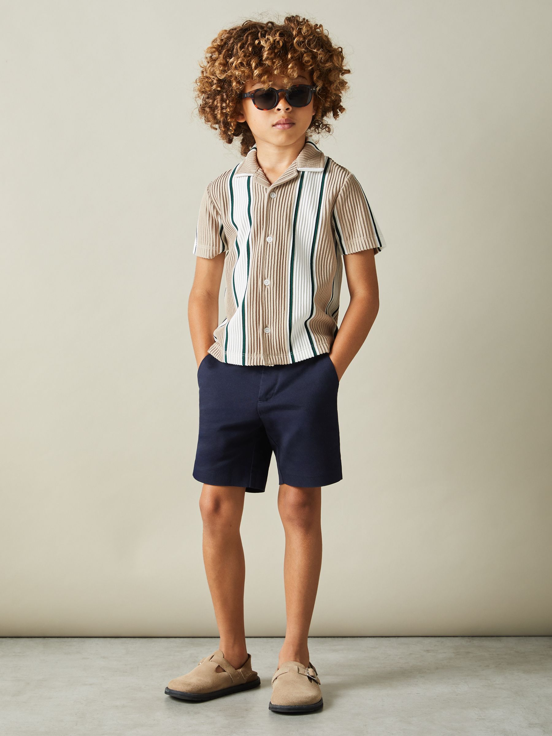 9-13 yrs Ribbed Cuban Collar Shirt in Camel/Off White/Forest Green - Image 3 of 4