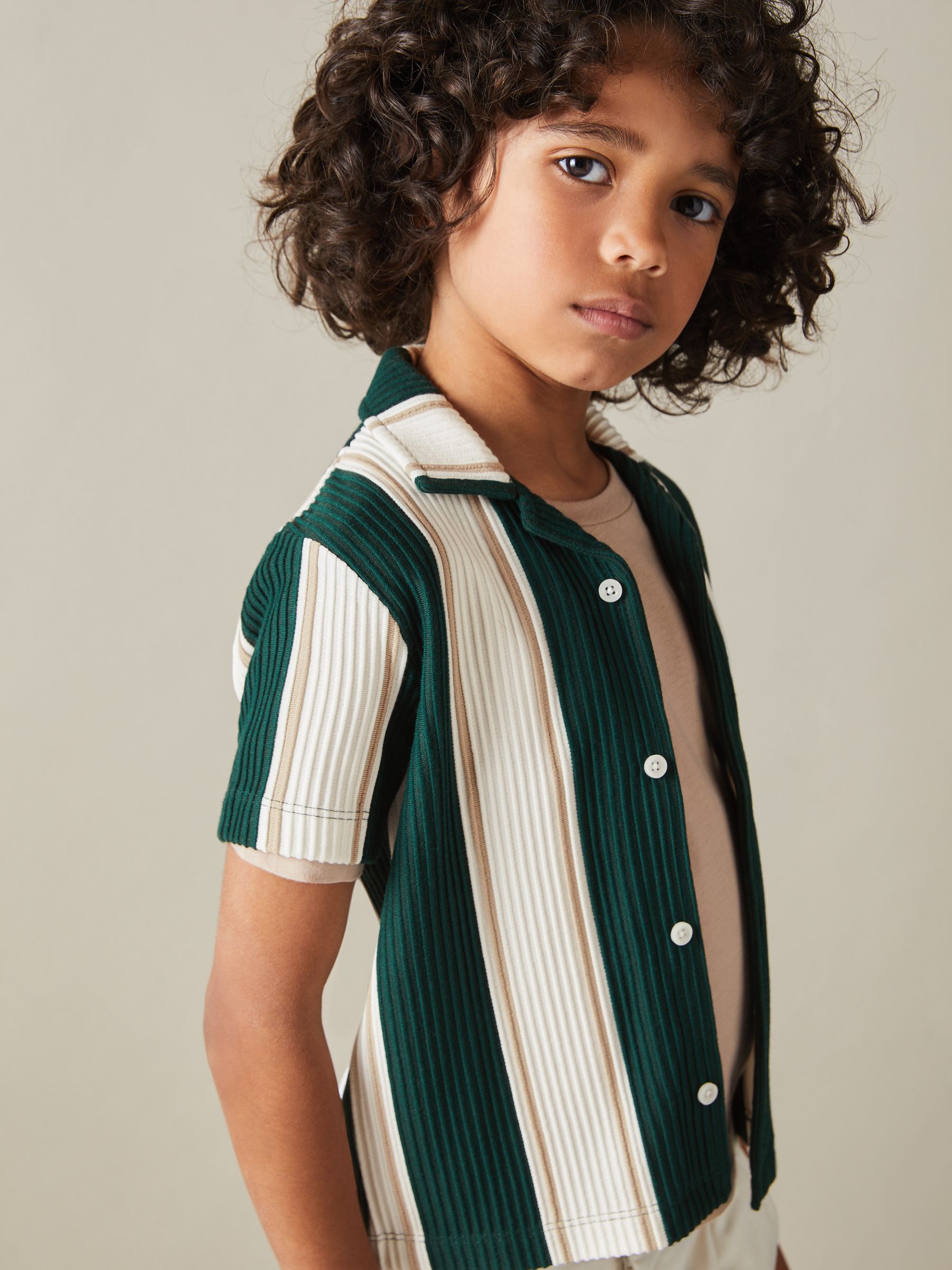 3-9 yrs Ribbed Cuban Collar Shirt in Forest Green/Off White/Soft Camel Brown - Image 2 of 4