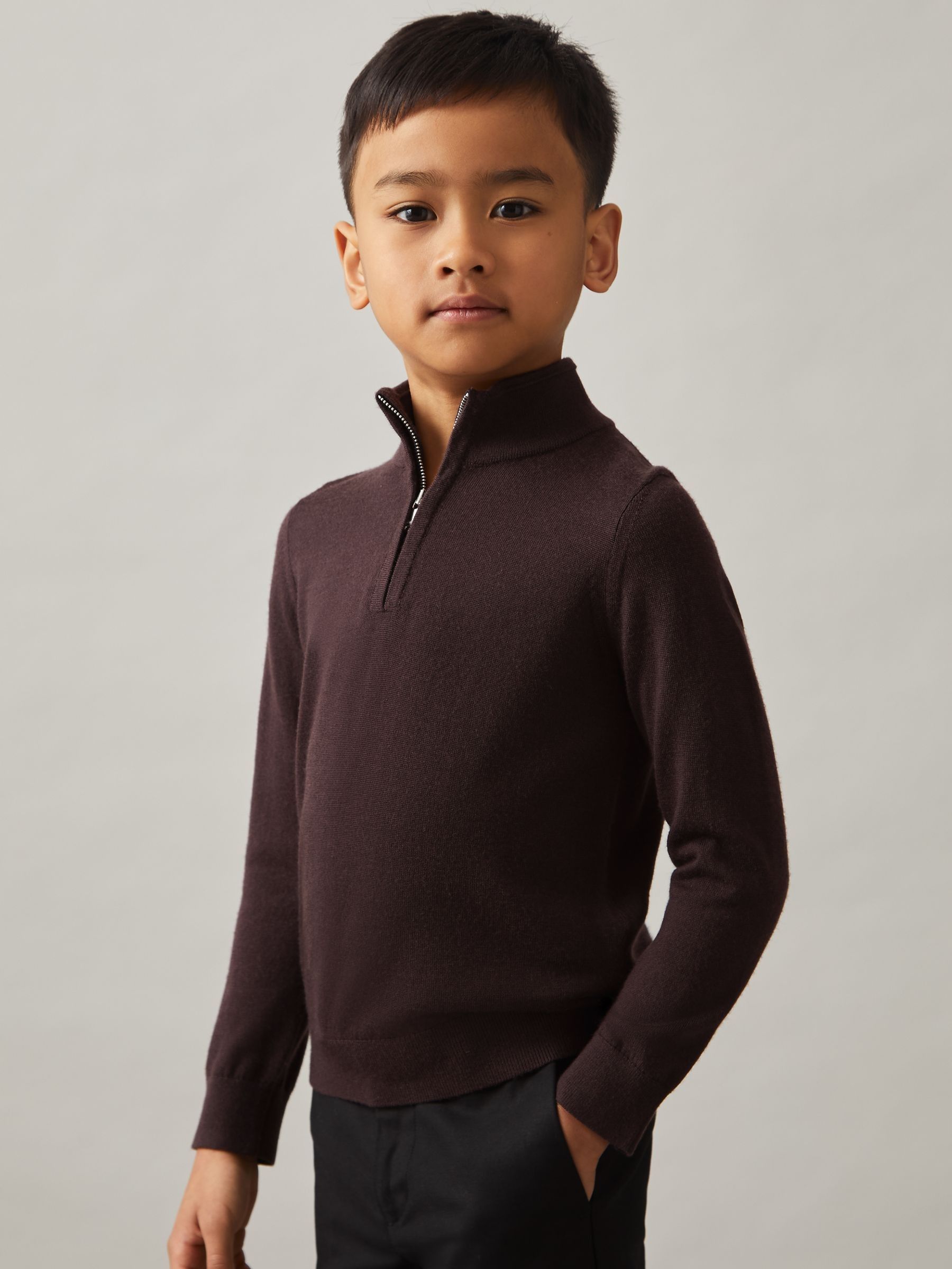 3-9 yrs Merino Wool Half-Zip Funnel Neck Jumper in Dark Bordeaux - Image 1 of 4