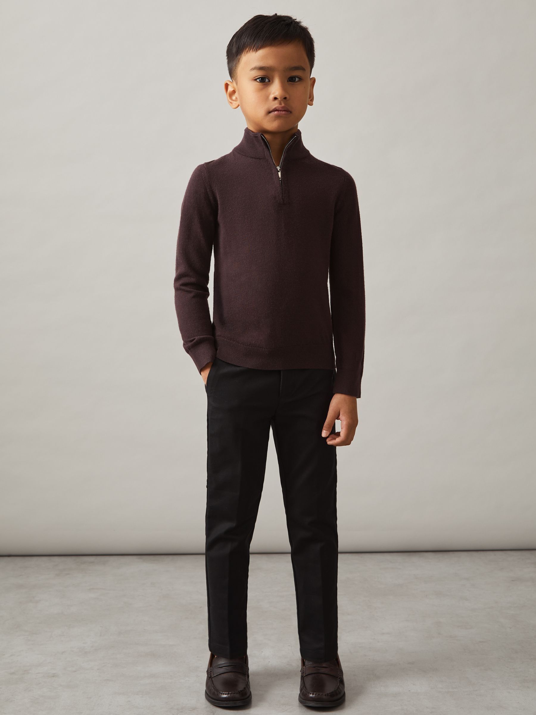 3-9 yrs Merino Wool Half-Zip Funnel Neck Jumper in Dark Bordeaux - Image 3 of 4