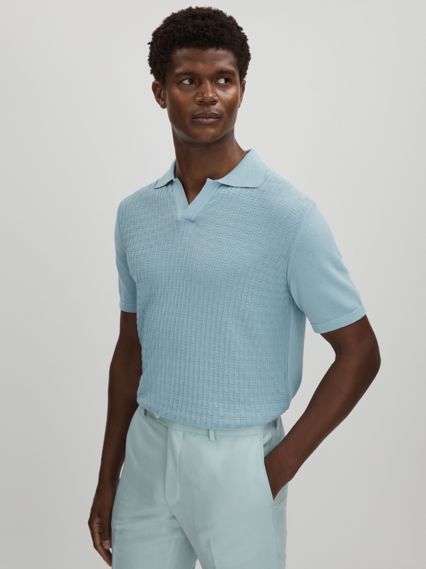 Oscar Jacobson 100% Cotton Open-Collar Polo Shirt in Blue - Image 1 of 6