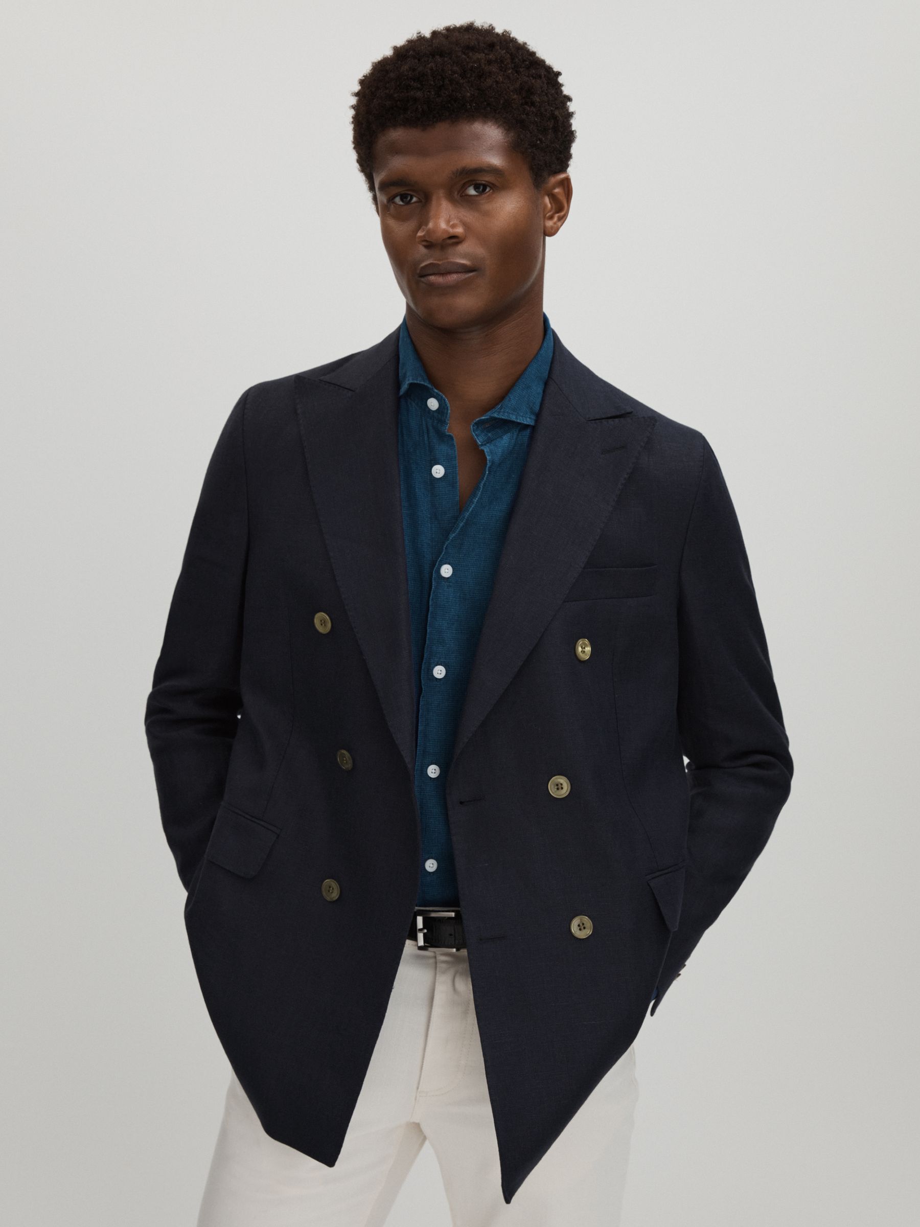 Oscar Jacobson Wool Double Breasted Blazer in Navy - Image 1 of 6
