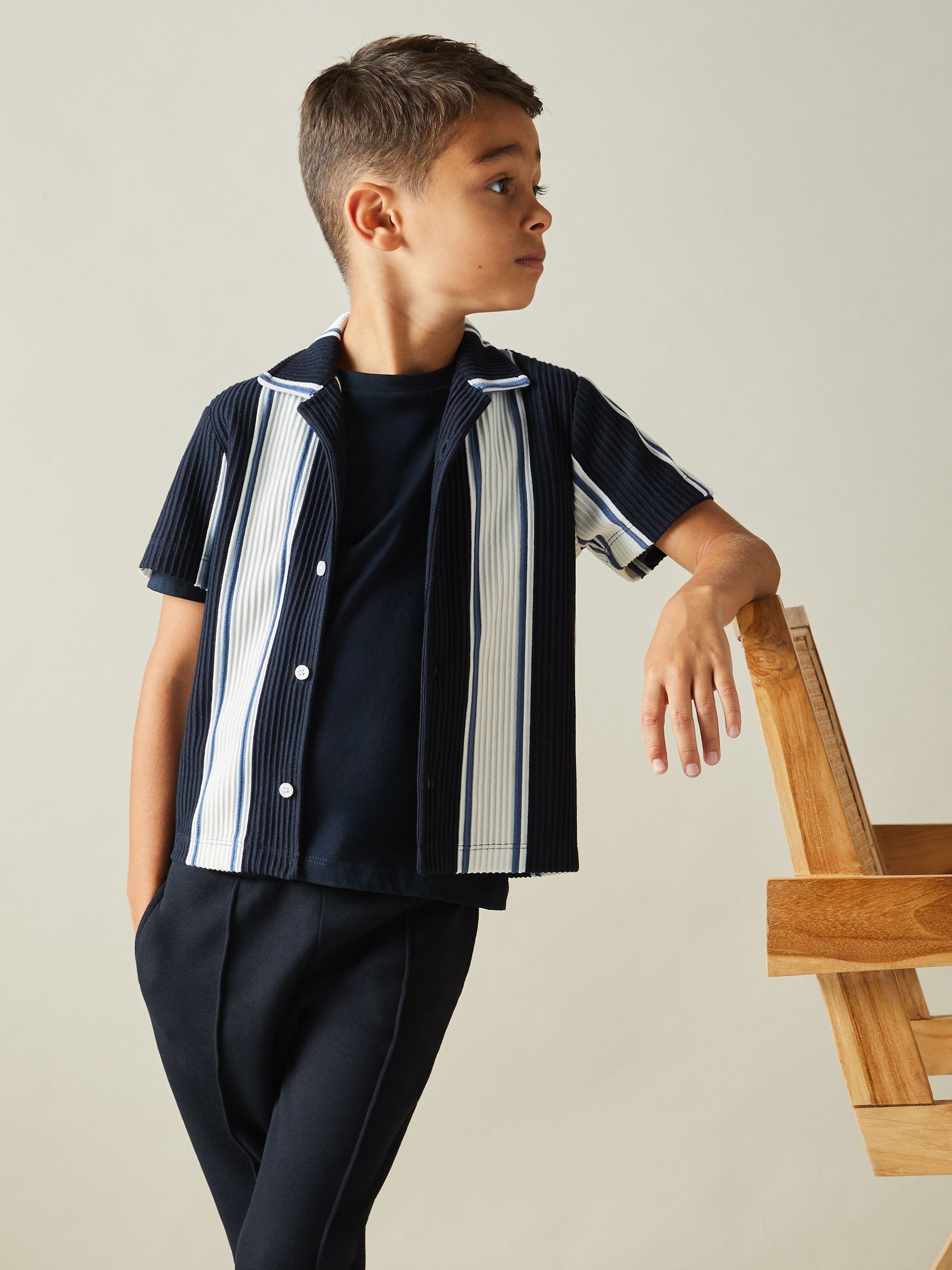 9-13 yrs Ribbed Cuban Collar Shirt in Navy/Off White/Airforce Blue - Image 1 of 4