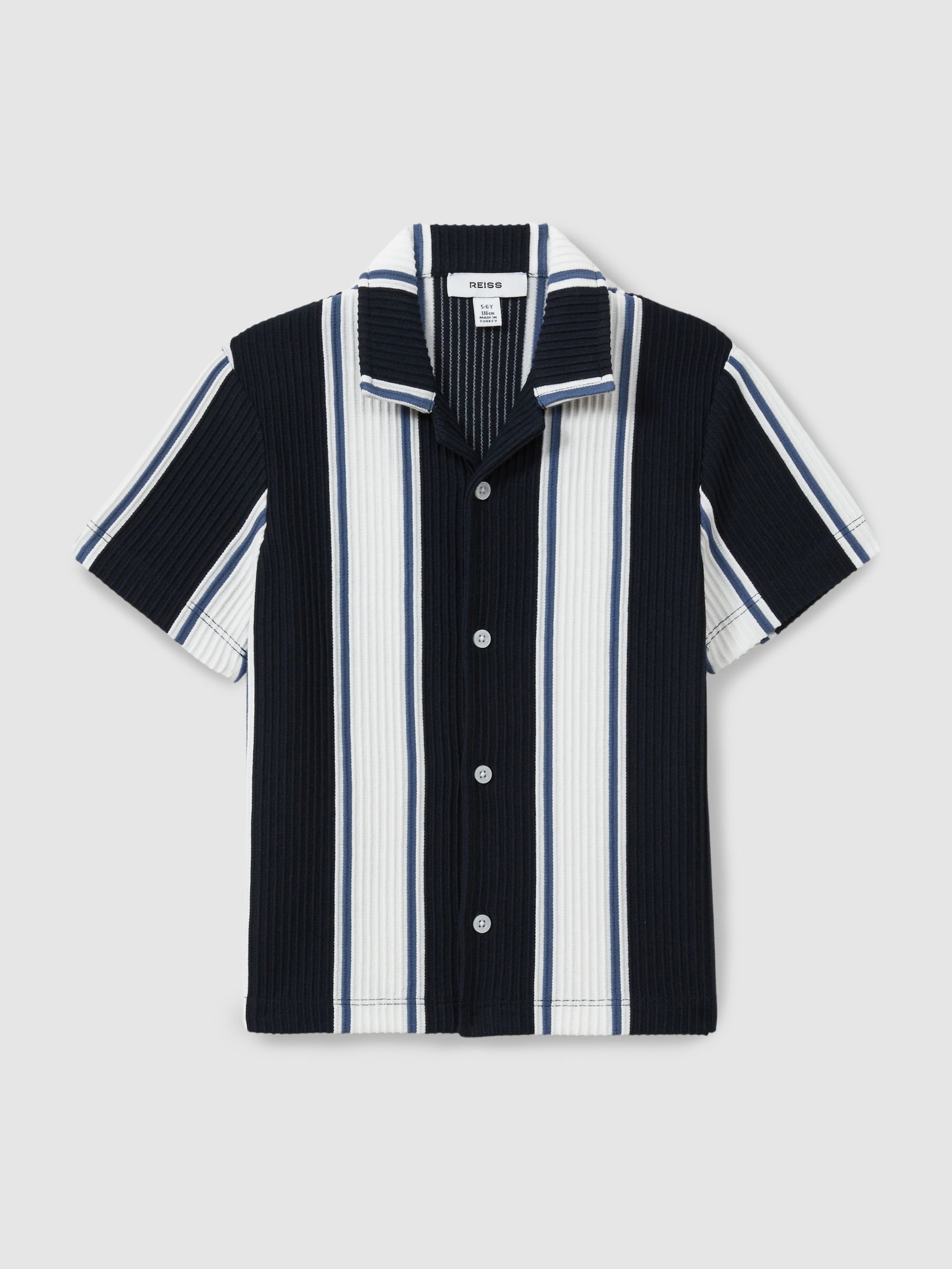 9-13 yrs Ribbed Cuban Collar Shirt in Navy/Off White/Airforce Blue - Image 2 of 4 9-13 yrs Ribbed Cuban Collar Shirt in Navy/Off White/Airforce Blue - Image 2 of 4
