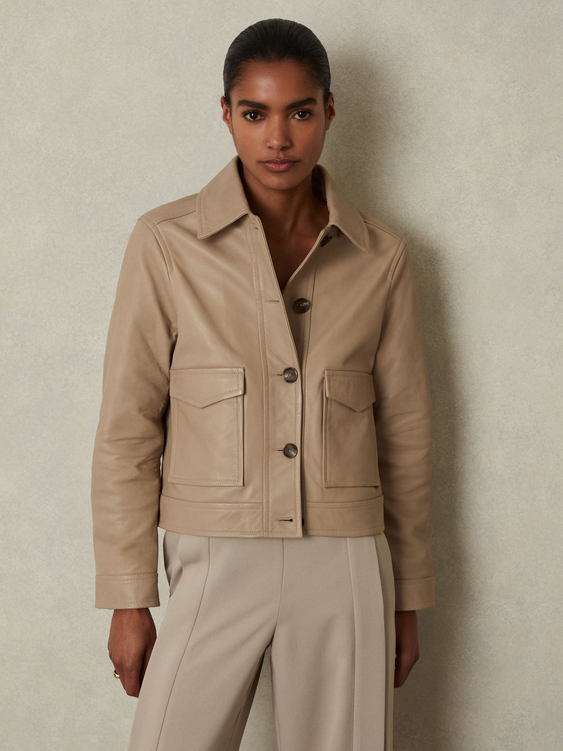 Leather Trucker Jacket in Neutral - Image 4 of 7