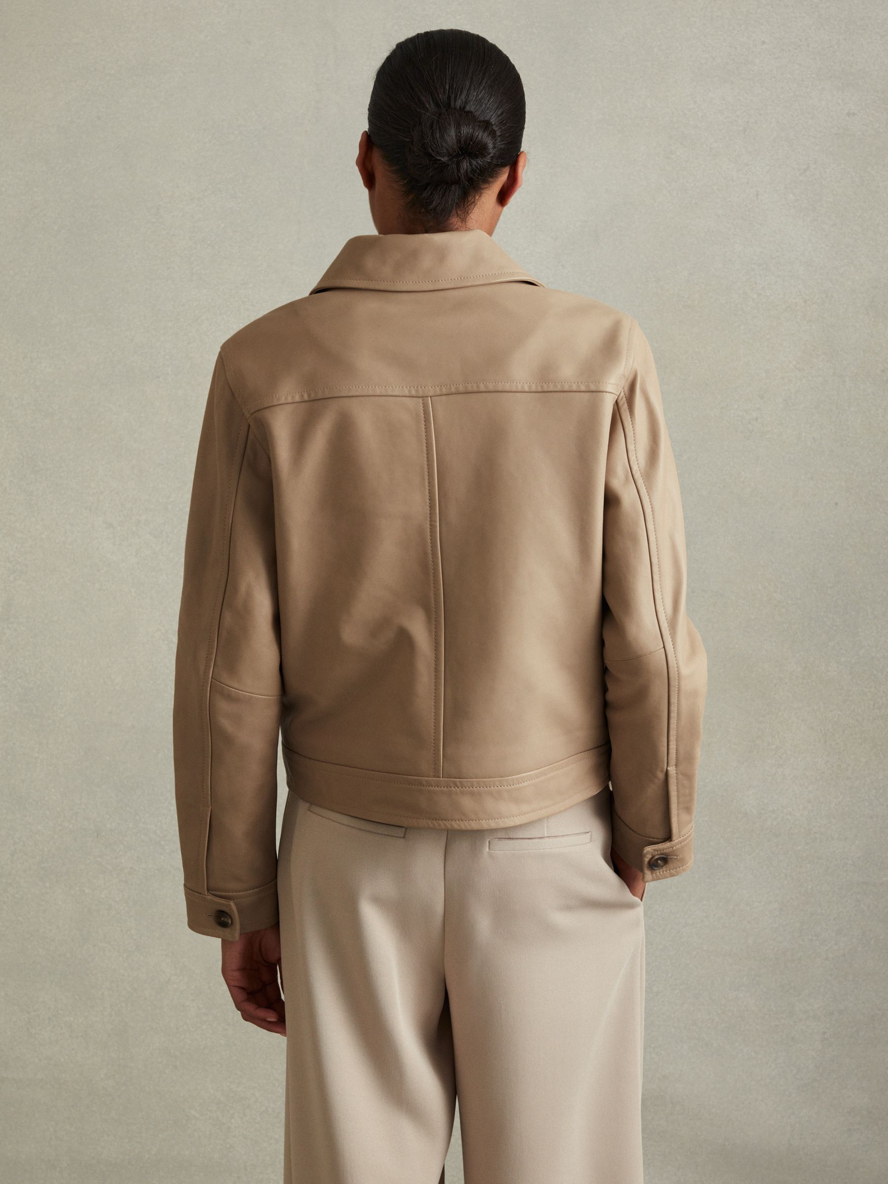 Leather Trucker Jacket in Neutral - Image 5 of 7