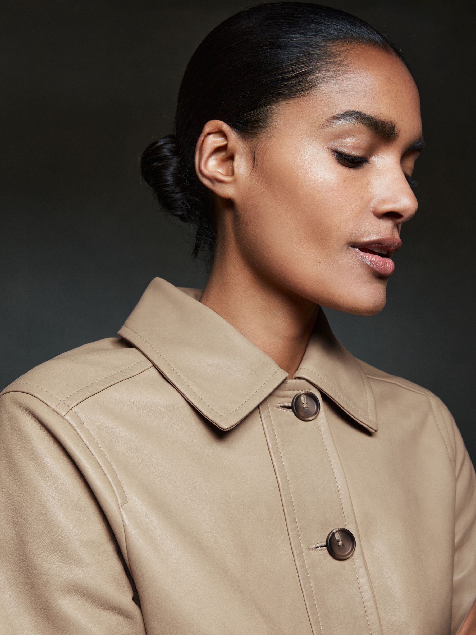 Leather Trucker Jacket in Neutral - Image 6 of 7