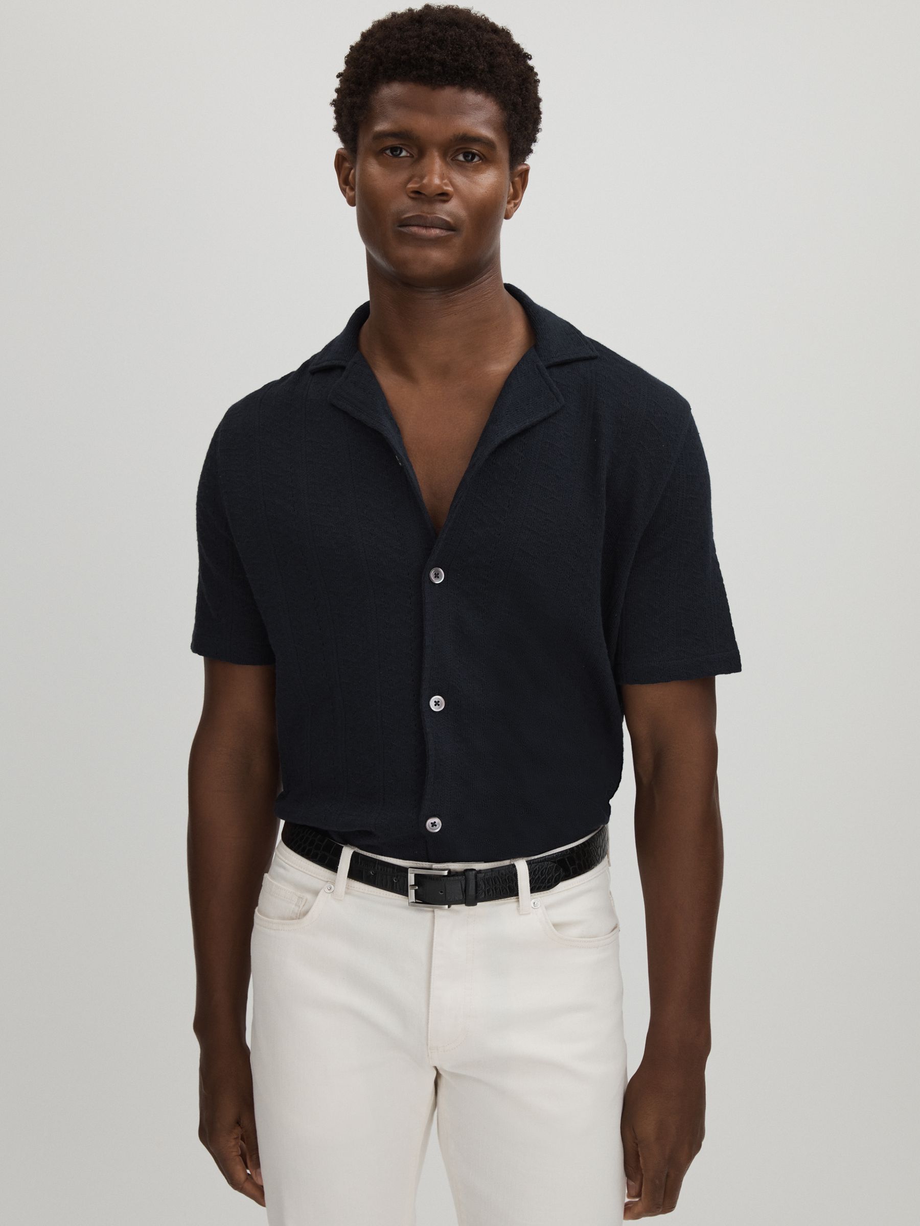 Oscar Jacobson 100% Cotton Open-Collar Polo Shirt in Navy - Image 1 of 6 Oscar Jacobson 100% Cotton Open-Collar Polo Shirt in Navy - Image 1 of 6