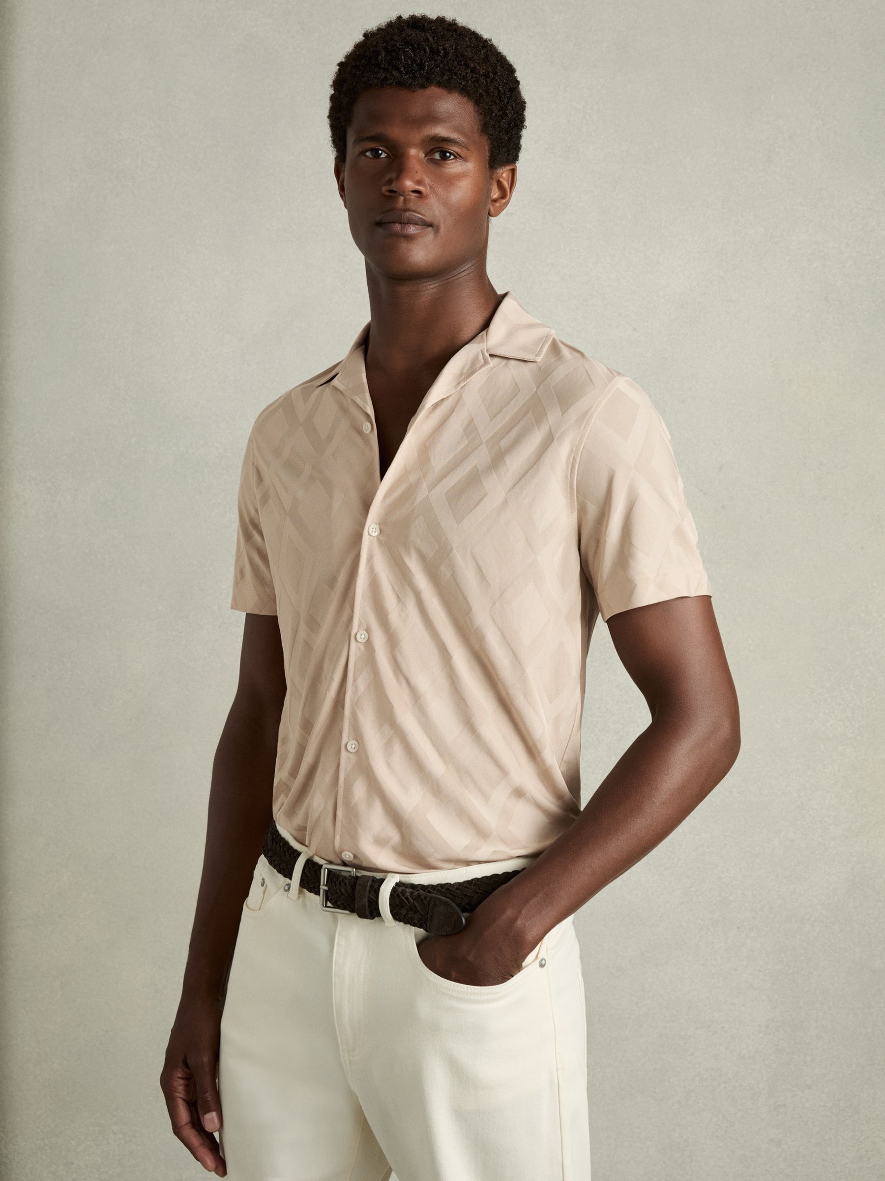 Geometric-Jacquard Cuban-Collar Shirt in Dusty Pink - Image 1 of 6