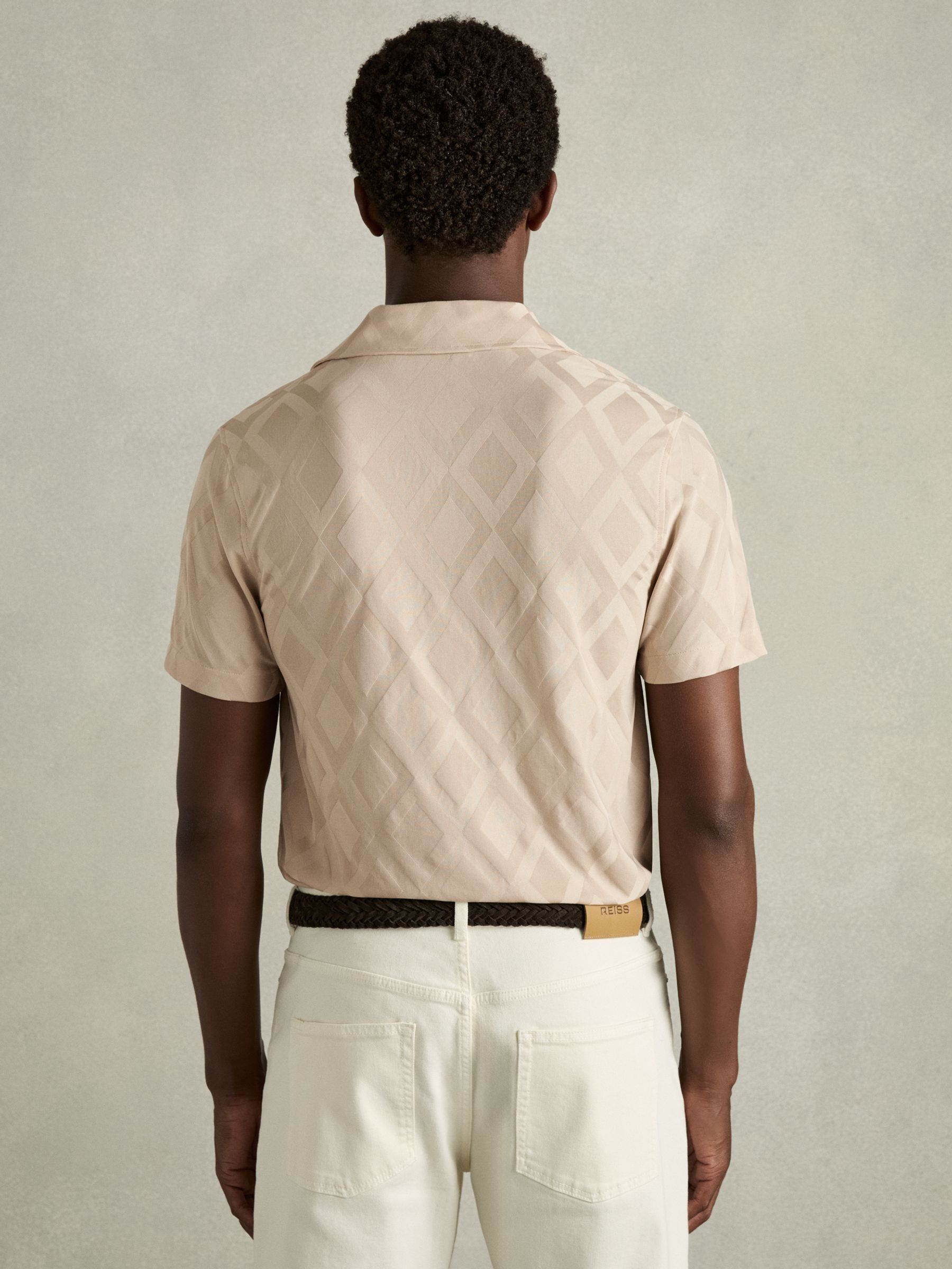 Geometric-Jacquard Cuban-Collar Shirt in Dusty Pink - Image 5 of 6