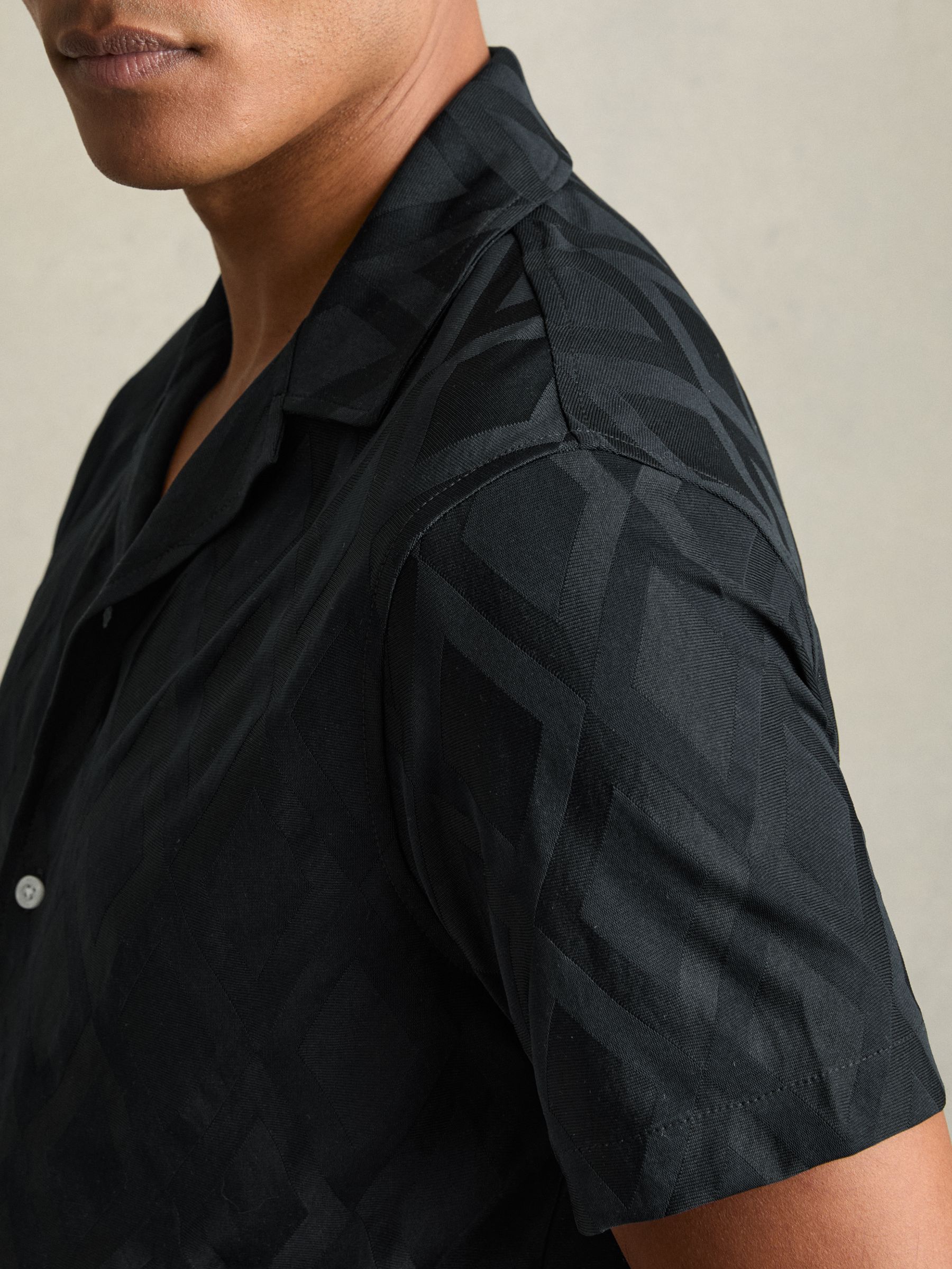 Geometric-Jacquard Cuban-Collar Shirt in Navy - Image 4 of 6
