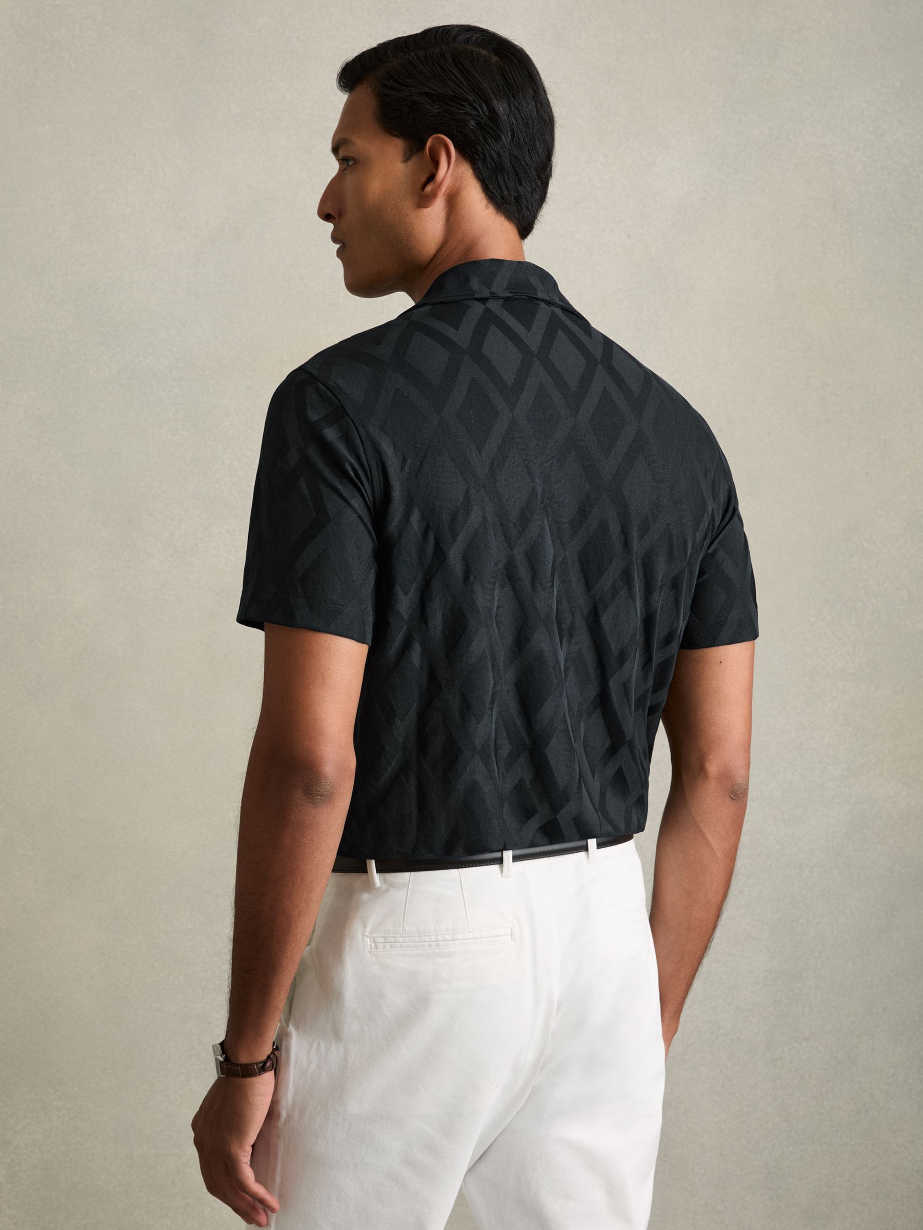 Geometric-Jacquard Cuban-Collar Shirt in Navy - Image 5 of 6