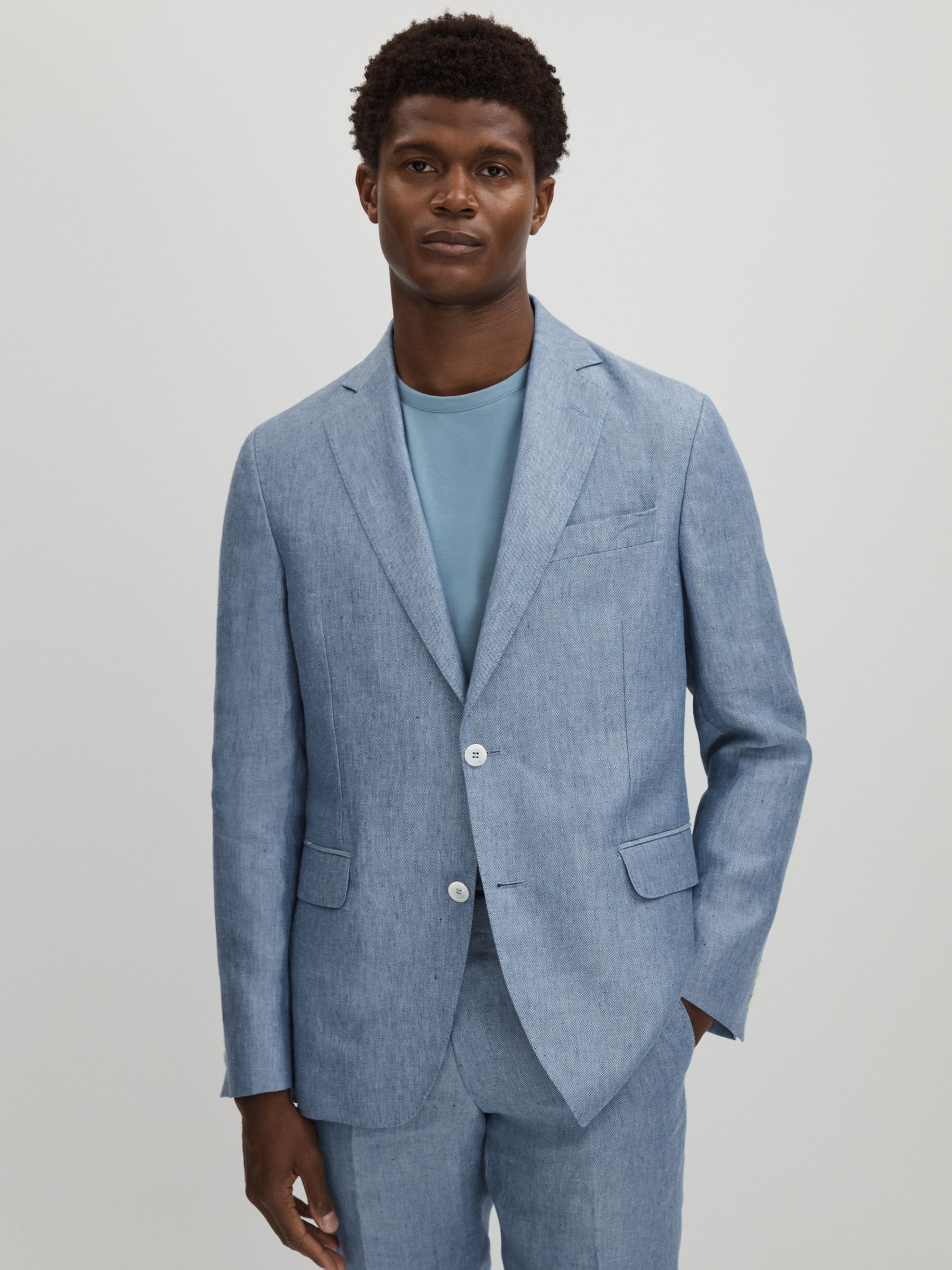 Oscar Jacobson Linen Single Breasted Blazer in Dark Blue - Image 1 of 8