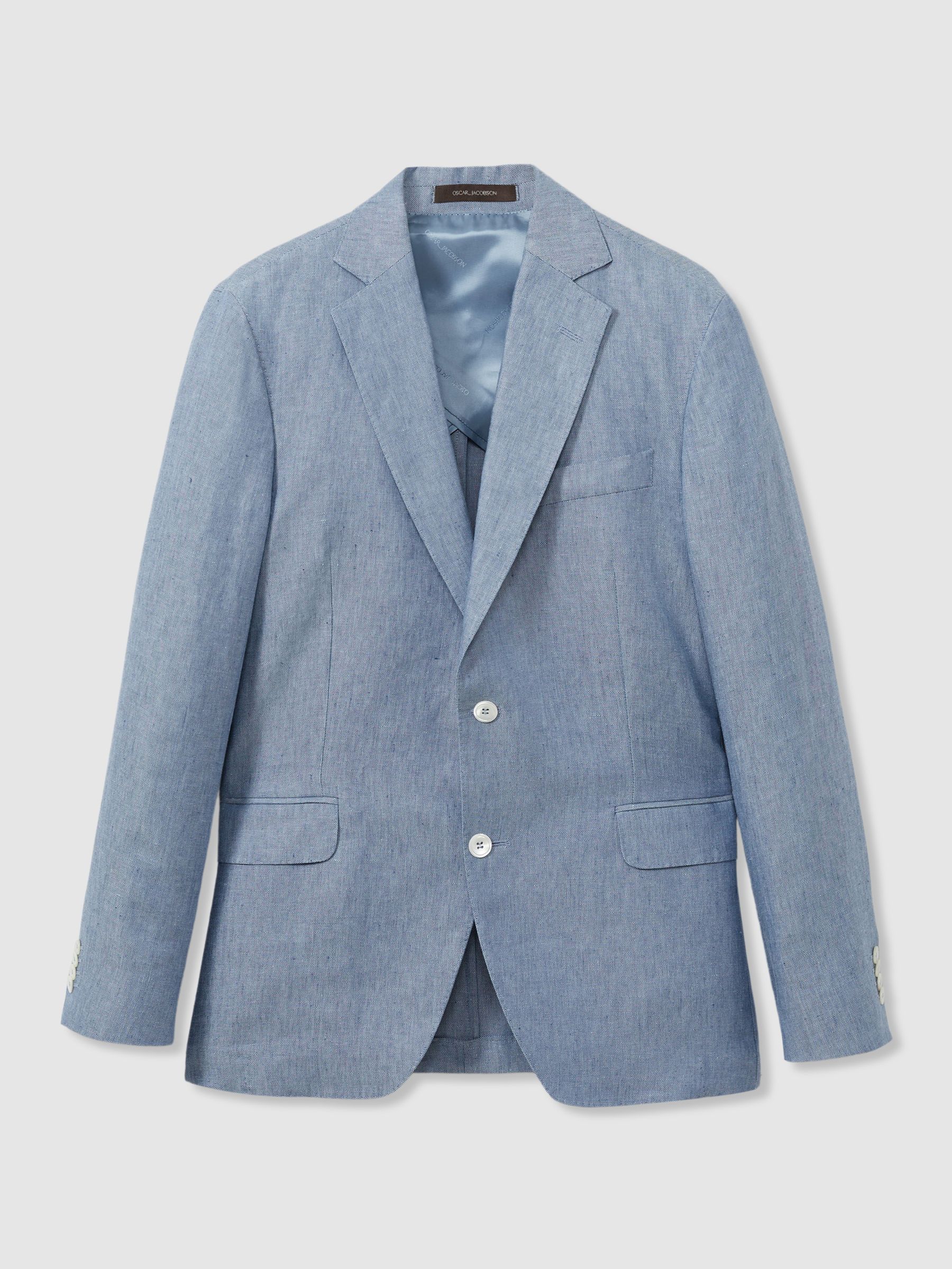 Oscar Jacobson Linen Single Breasted Blazer in Dark Blue - Image 2 of 8