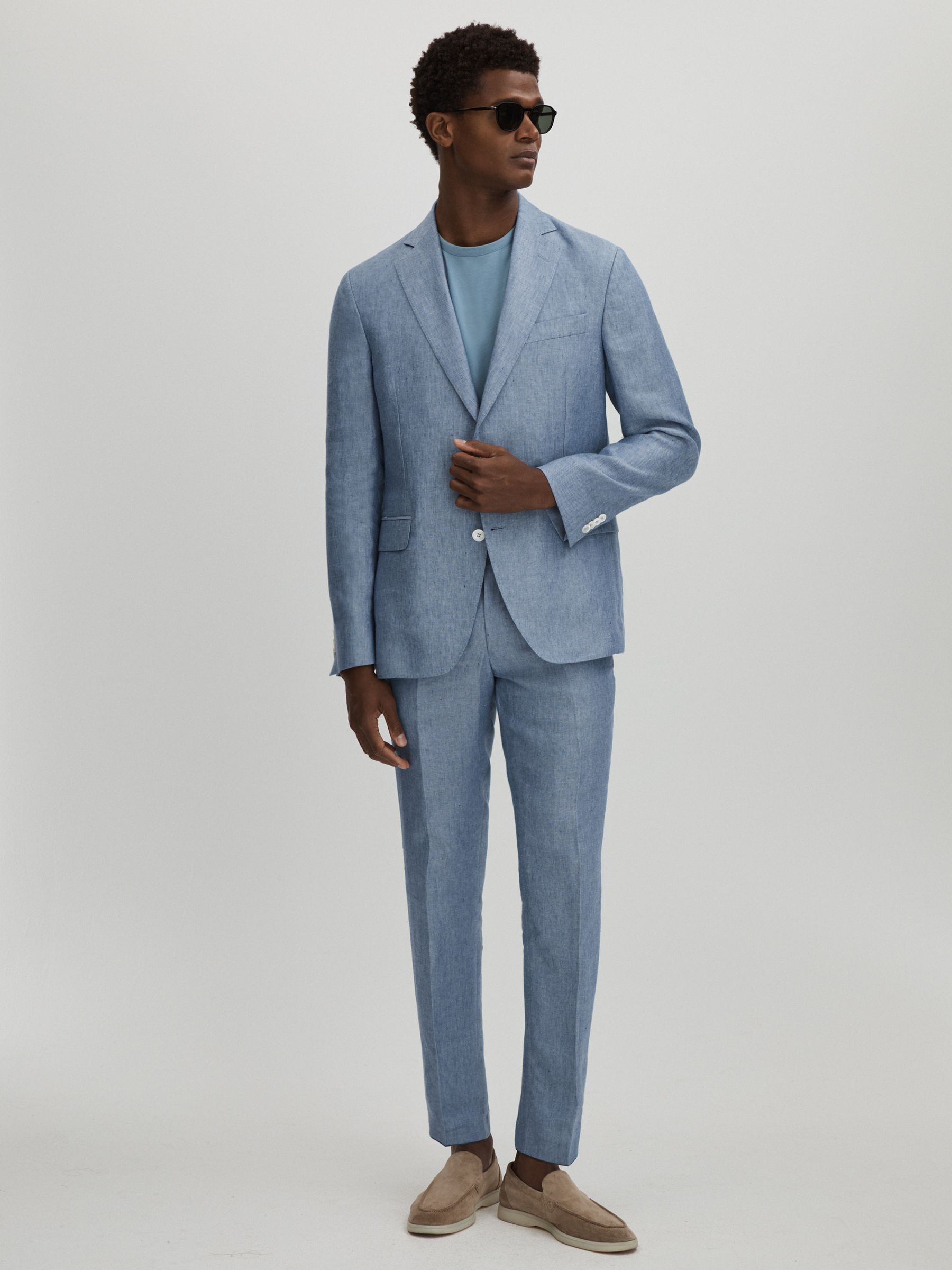 Oscar Jacobson Linen Single Breasted Blazer in Dark Blue - Image 3 of 8