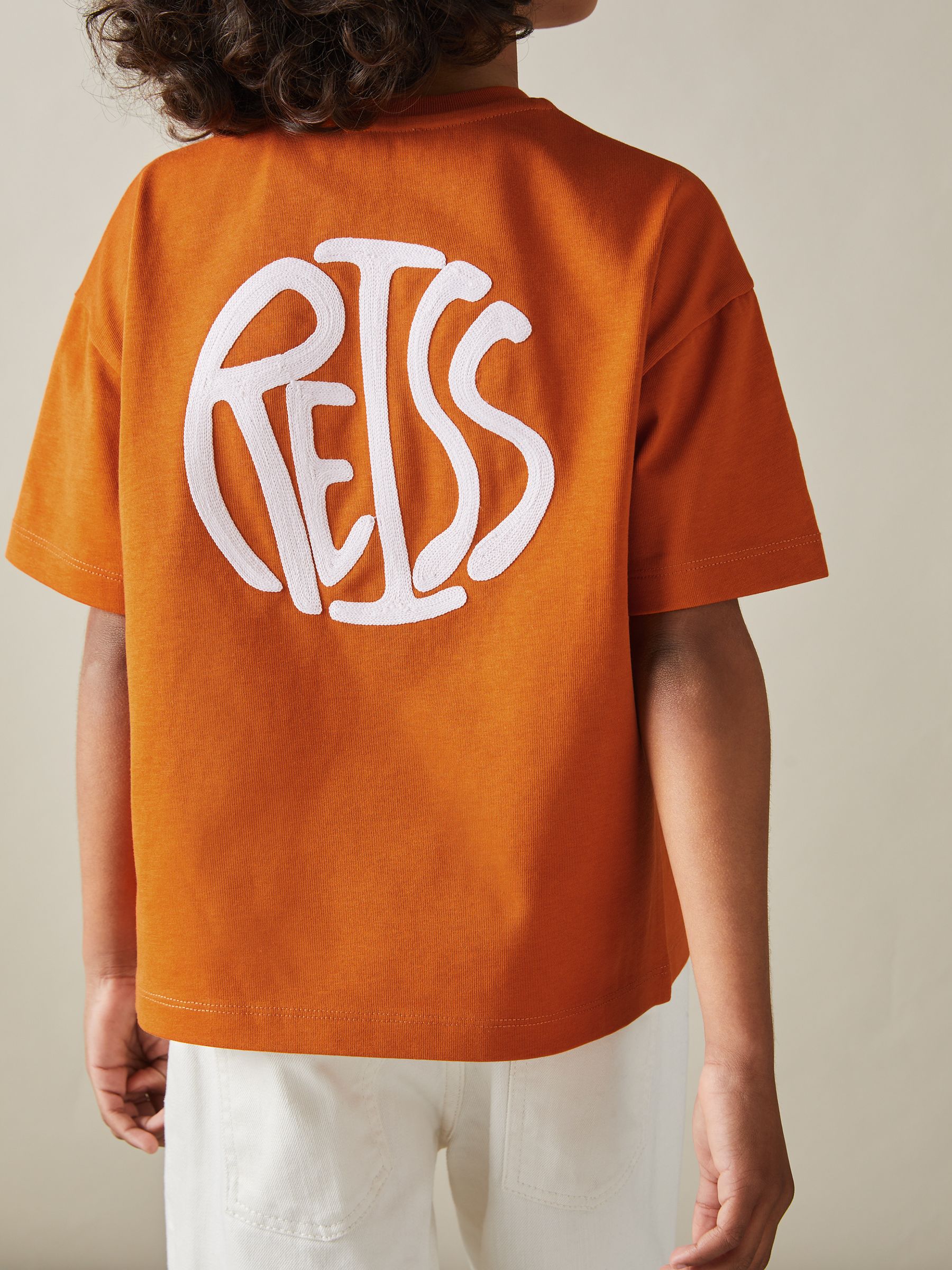 9-13 yrs Oversized Cotton Embroidered T-Shirt in Burnt Orange/Off White - Image 1 of 4