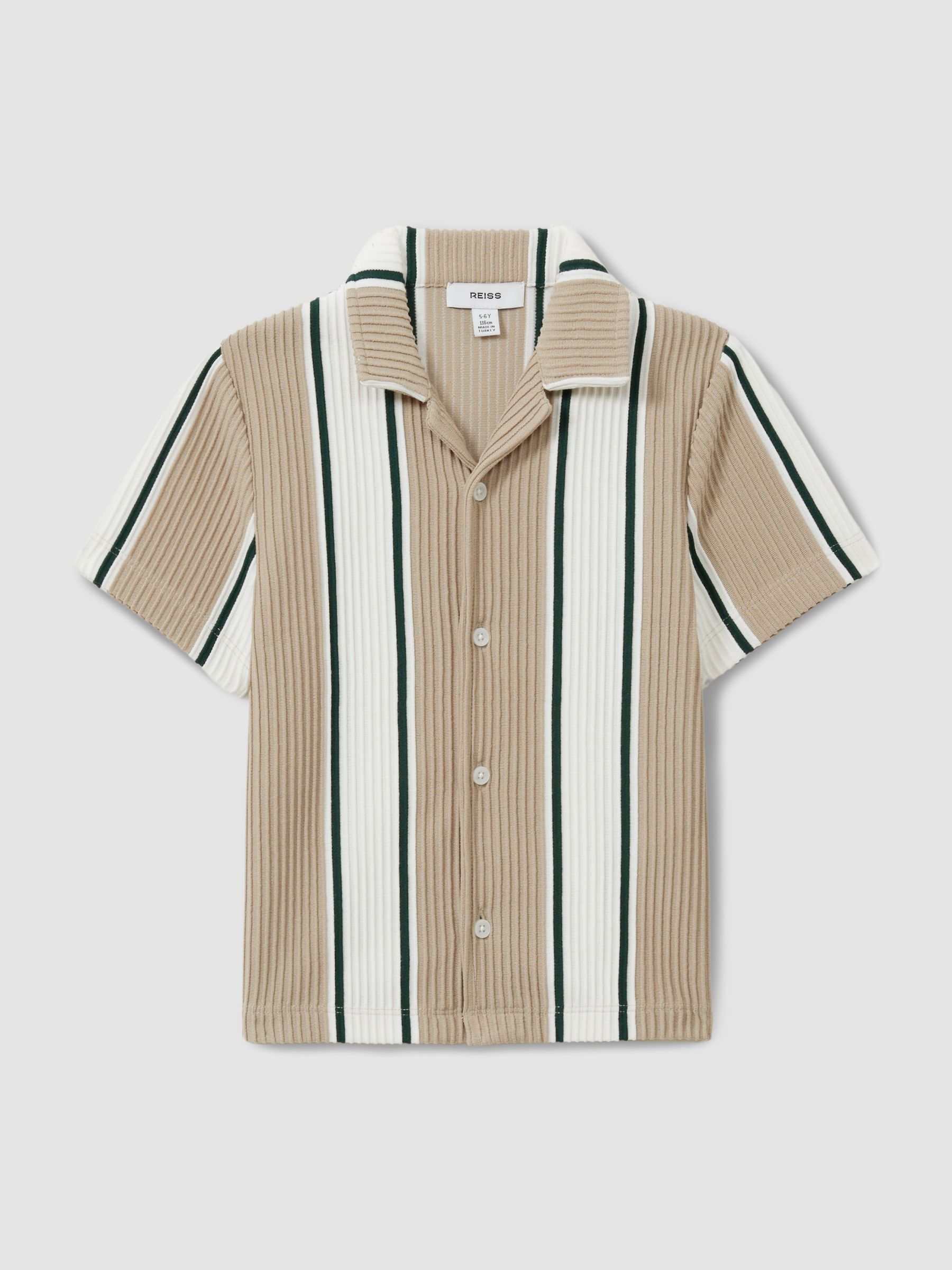 3-9 yrs Ribbed Cuban Collar Shirt in Camel/Off White/ Forest Green - Image 1 of 4