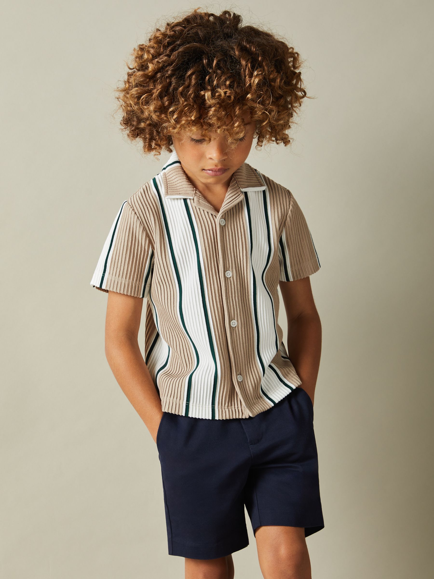 3-9 yrs Ribbed Cuban Collar Shirt in Camel/Off White/ Forest Green - Image 2 of 4 3-9 yrs Ribbed Cuban Collar Shirt in Camel/Off White/ Forest Green - Image 2 of 4
