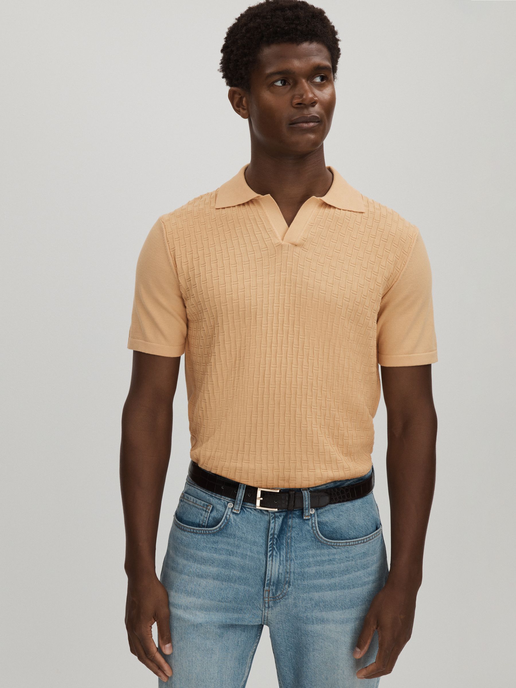 Oscar Jacobson Cotton Open-Collar Polo Shirt in Sand - Image 1 of 6