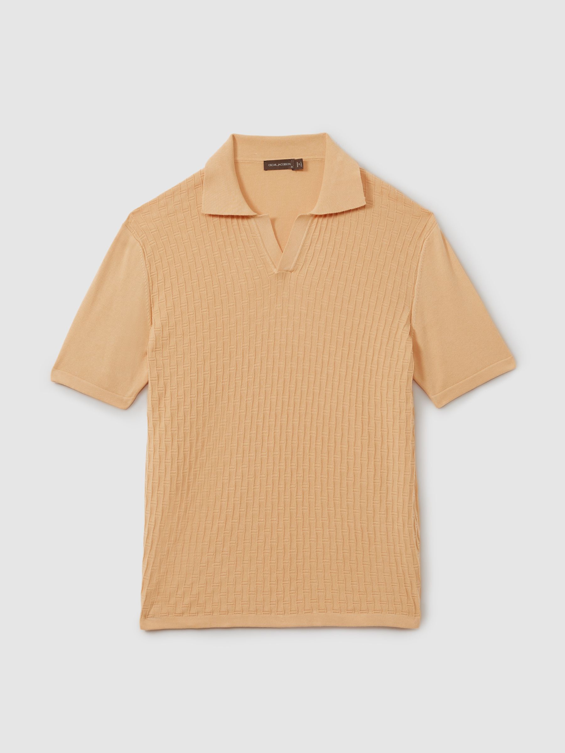 Oscar Jacobson Cotton Open-Collar Polo Shirt in Sand - Image 2 of 6
