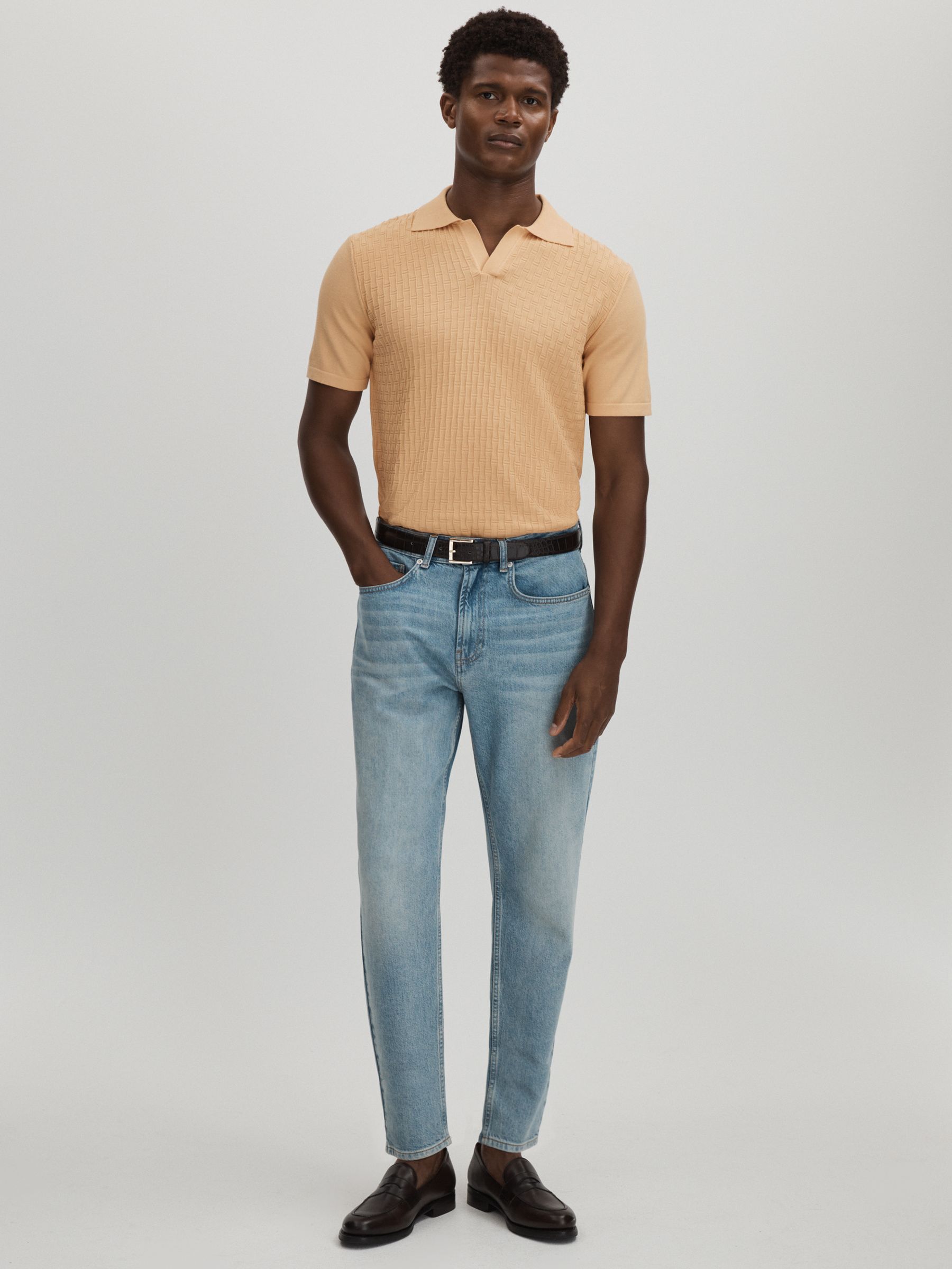 Oscar Jacobson Cotton Open-Collar Polo Shirt in Sand - Image 3 of 6
