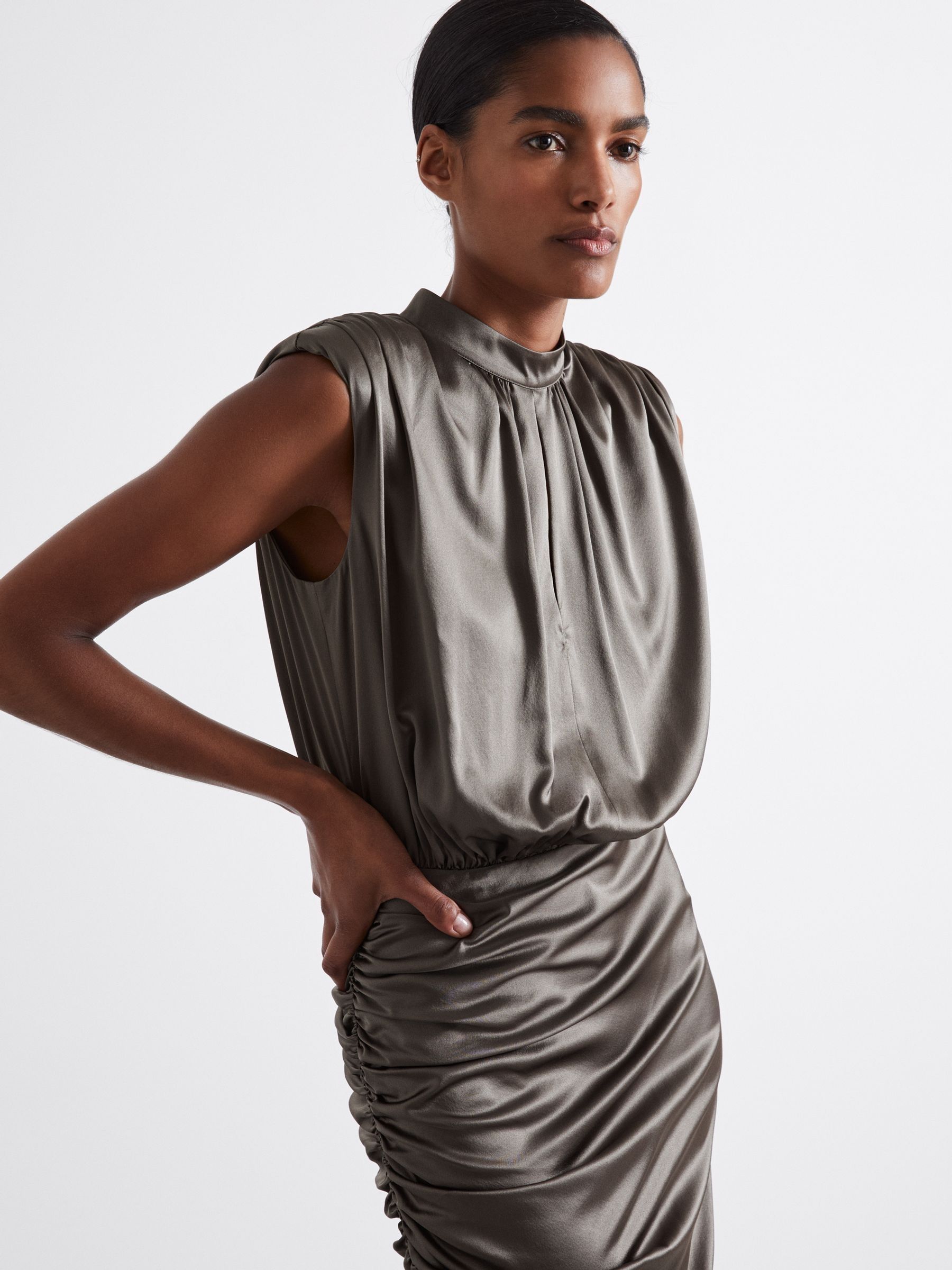 Atelier Ruched Silk-Blend Satin Dress in Silver - Image 3 of 5